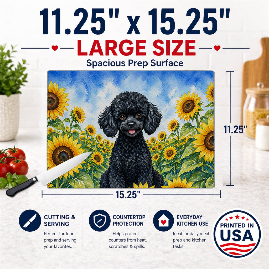 Black Poodle in Sunflowers Cutting Board Tempered Glass Kitchen Cutting Surface, Heat Resistant Chopping Board with Non-Slip Feet, Decorative Food Prep & Serving