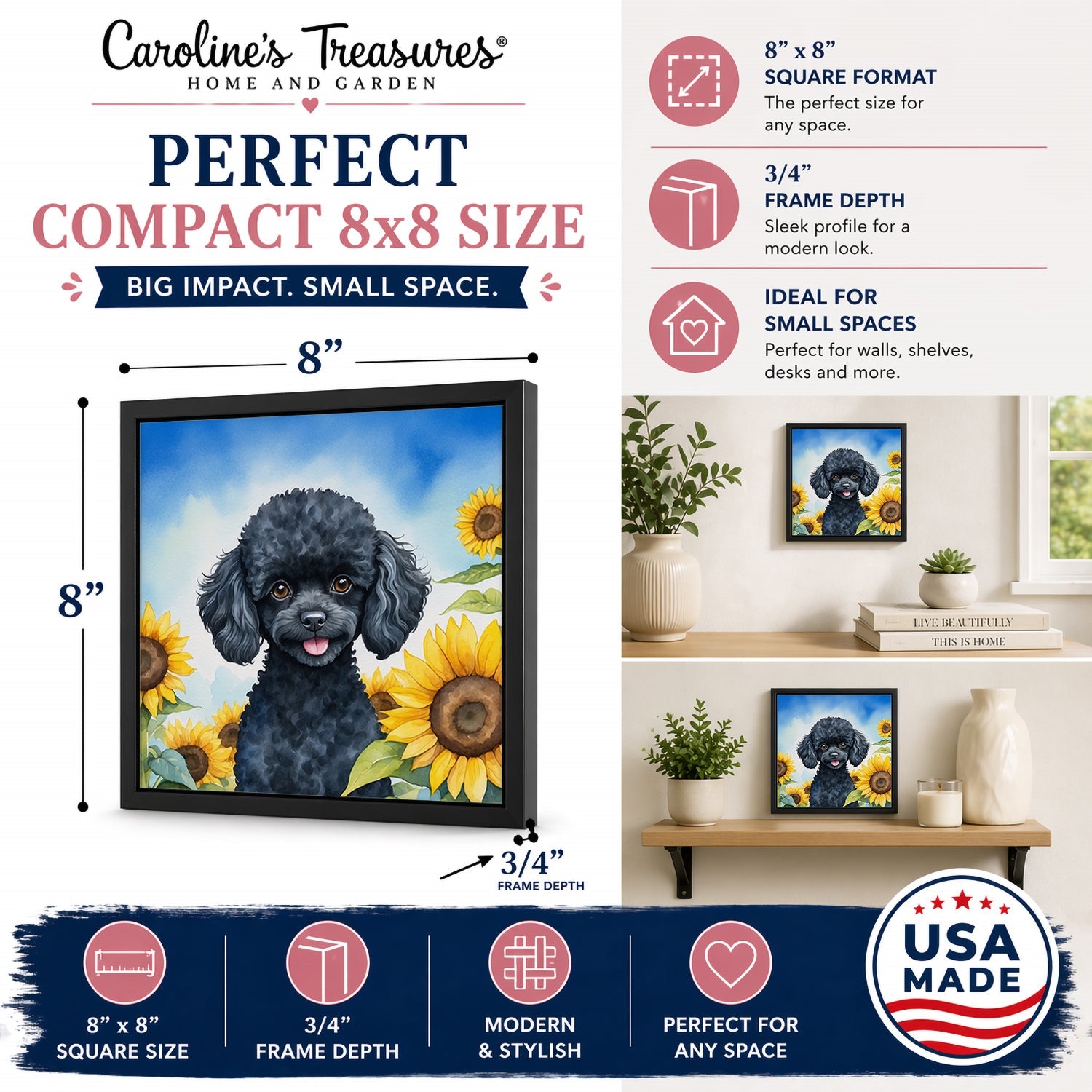 Black Poodle in Sunflowers Framed Metal Print Bathroom, Kitchen, Office, Home Decor Wall Art Ready to Hang, Square, 8X8