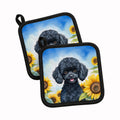 Black Poodle in Sunflowers Pot Holder Set of 2 Heat Resistant Quilted Hot Pads 7.5 x 7.5 Inch, Insulated Kitchen Trivets for Cooking & Baking