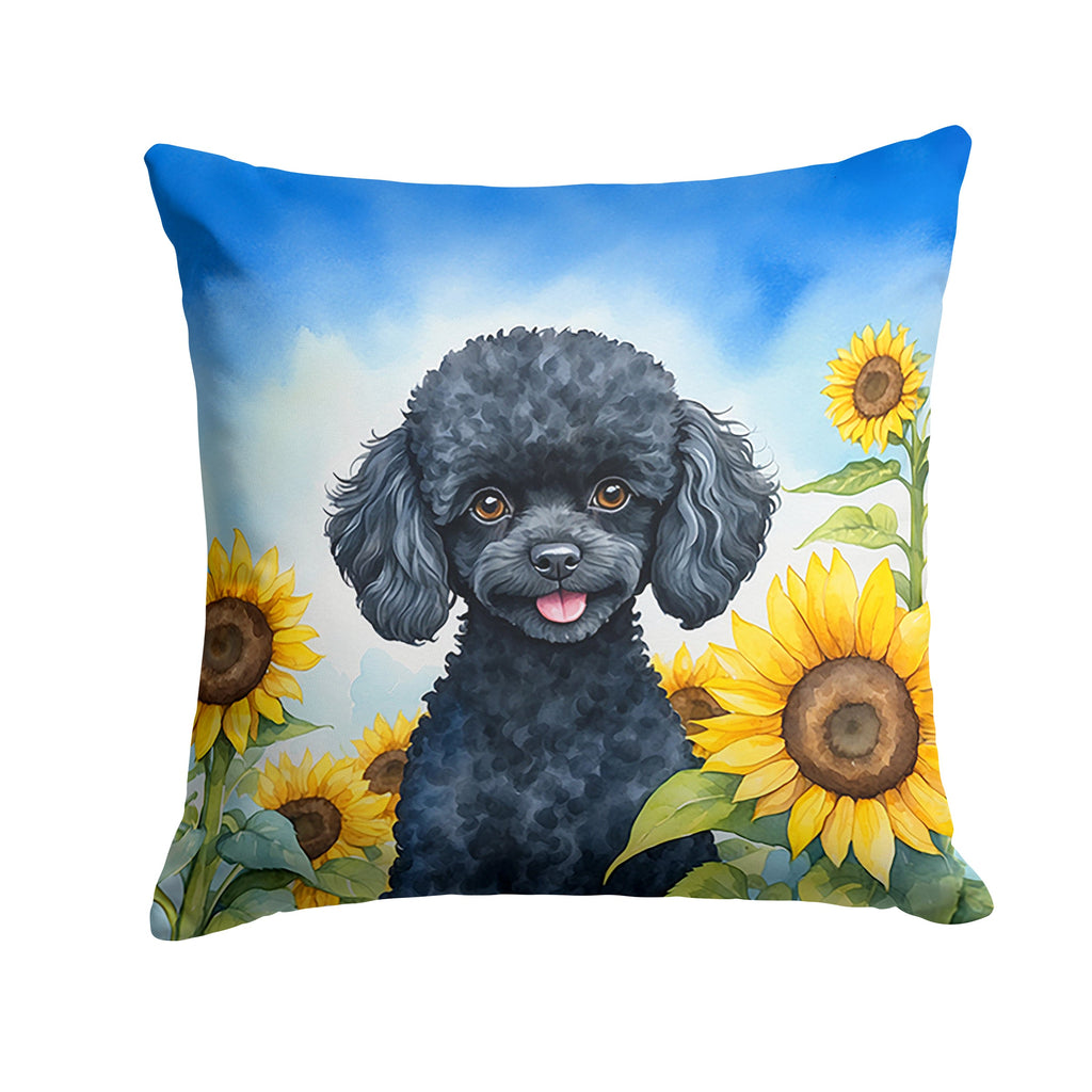 Black Poodle in Sunflowers Decorative Throw Pillow 14x14 Indoor Outdoor Accent Cushion, Fabric Cover with Insert for Sofa, Bed, Porch & Living Room