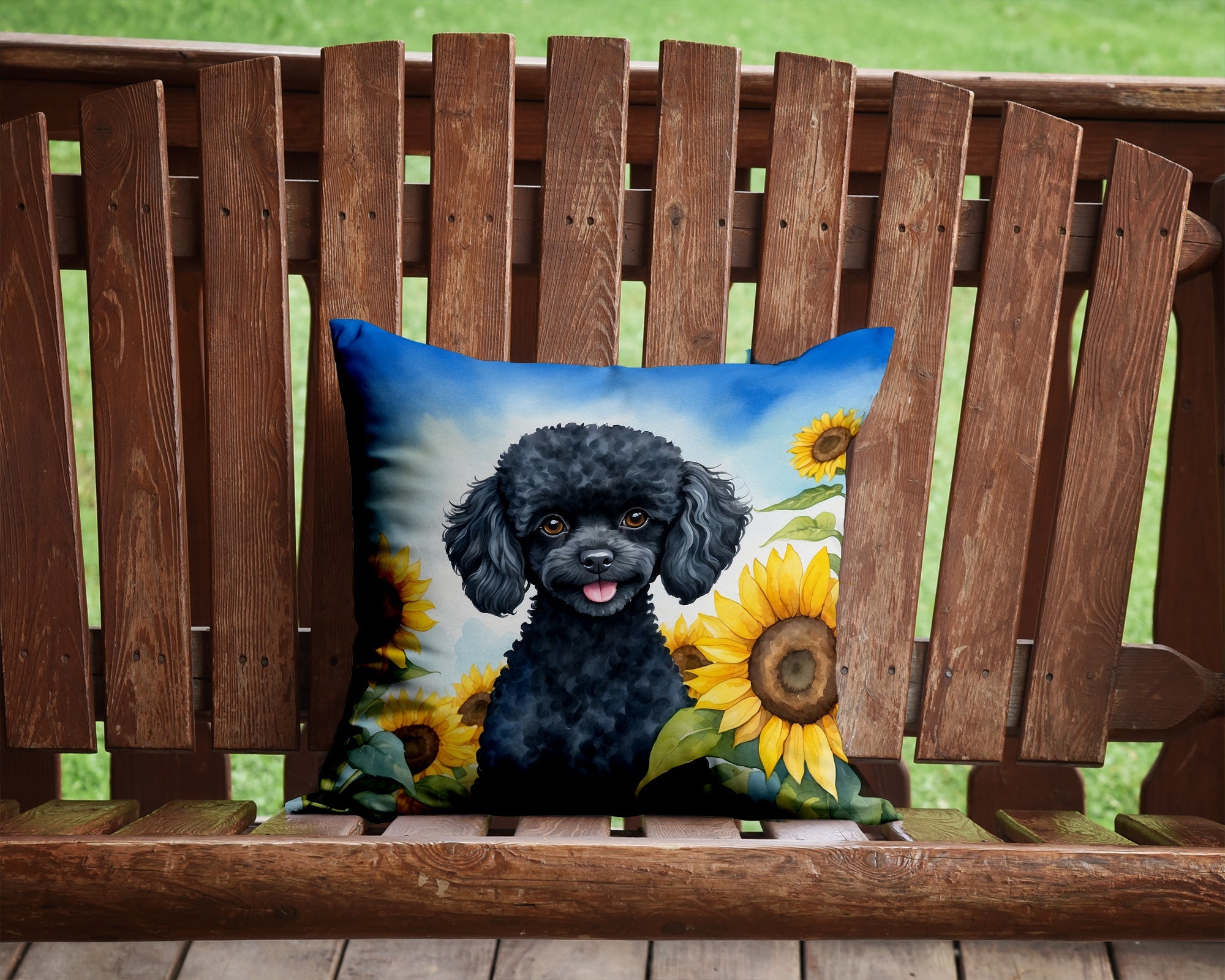 Black Poodle in Sunflowers Decorative Throw Pillow 14x14 Indoor Outdoor Accent Cushion, Fabric Cover with Insert for Sofa, Bed, Porch & Living Room