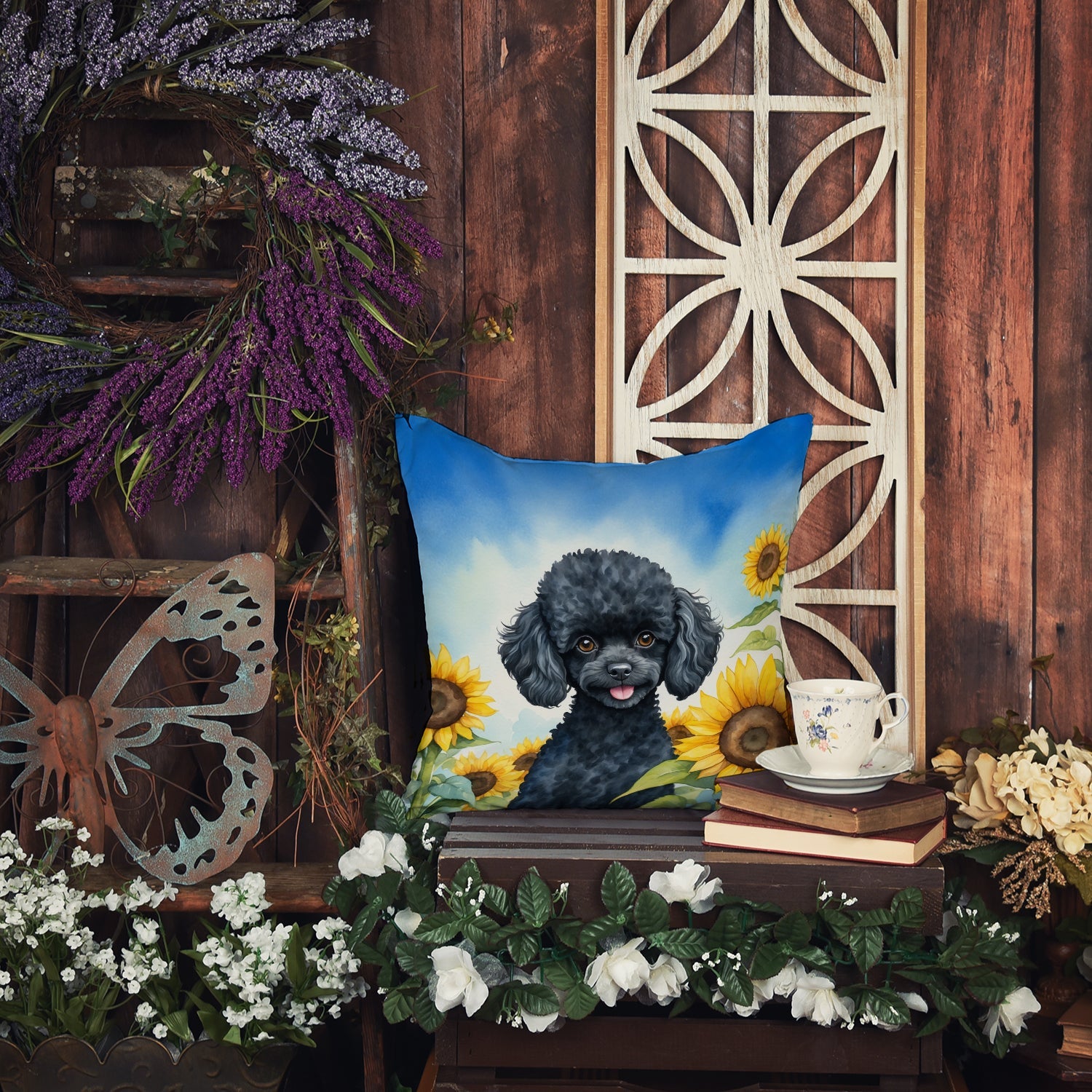 Black Poodle in Sunflowers Decorative Throw Pillow 18x18 Indoor Outdoor Accent Cushion, Fabric Cover with Insert for Sofa, Bed, Porch & Living Room