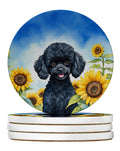 Black Poodle in Sunflowers Large Sandstone Coasters Pack of 4 Absorbent Round Coasters Decor Gifts for Men or Women, 4 in, Multicolor