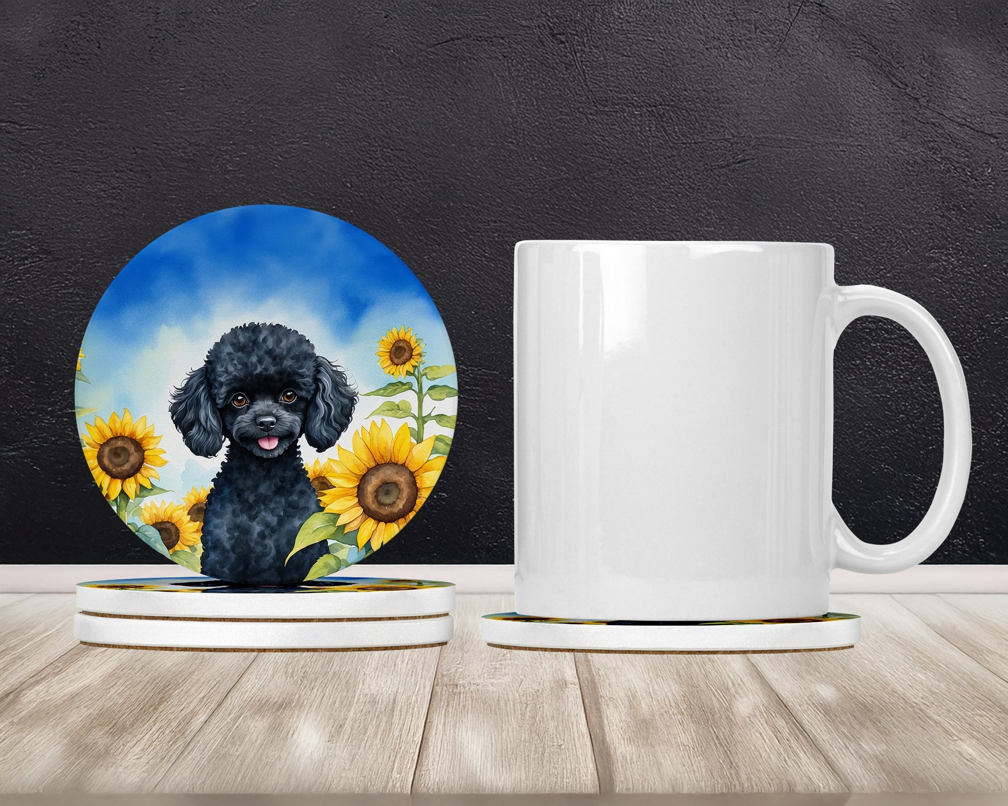 Black Poodle in Sunflowers Large Sandstone Coasters Pack of 4 Absorbent Round Coasters Decor Gifts for Men or Women, 4 in, Multicolor