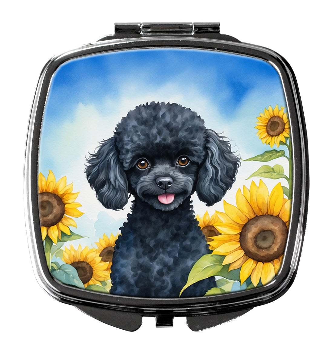 Black Poodle in Sunflowers Compact Mirror Decorative Travel Makeup Mirror for Women Girls Gifts Pocket Makeup Mirror Folding Handheld