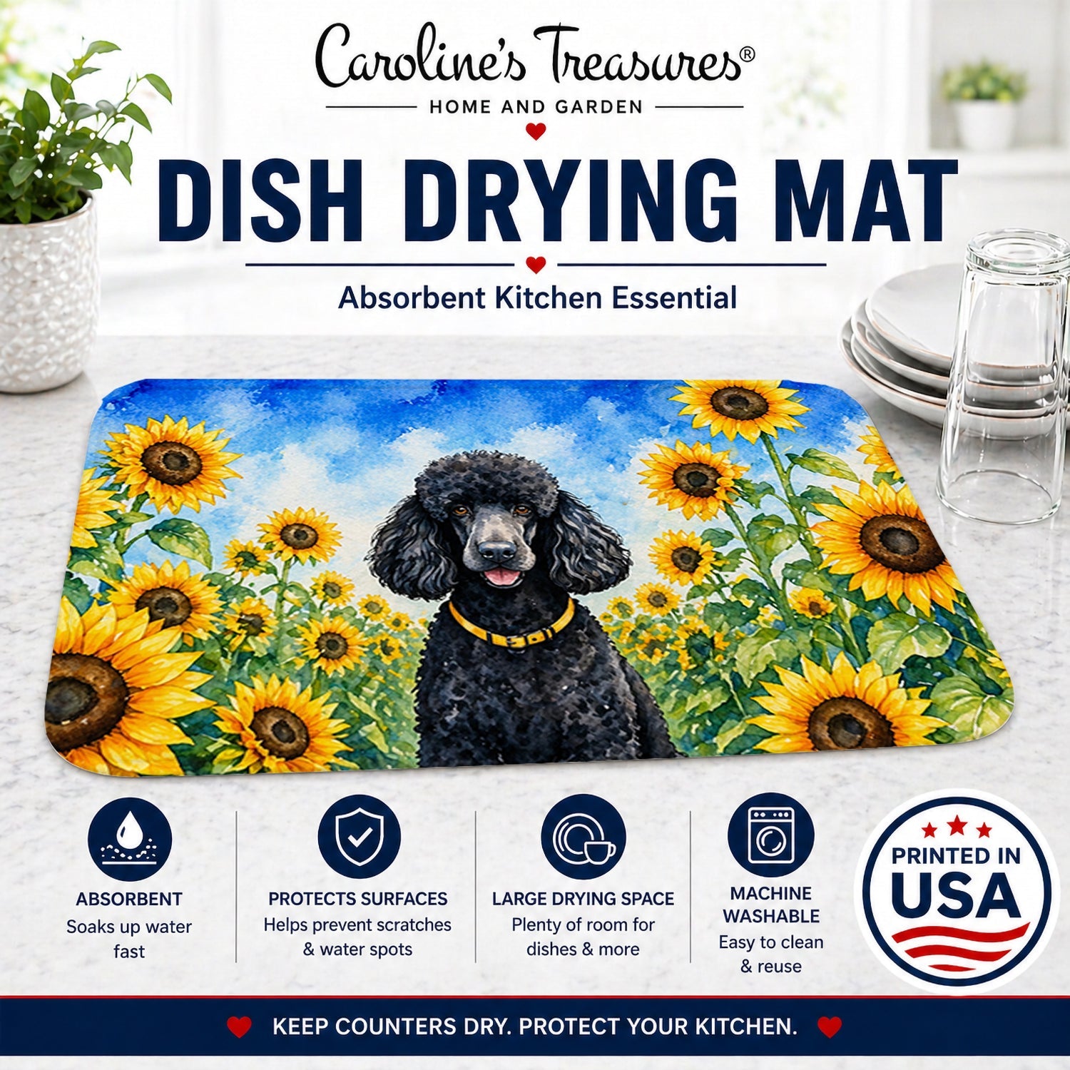 Black Poodle in Sunflowers Dish Drying Mat Absorbent Dish Drying Mat Pad for Kitchen Counter Dish Drainer Mat for Countertop, 14 x 21", Multicolor