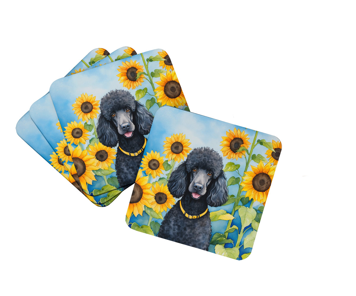 Black Poodle in Sunflowers Foam Coasters Set of 4 Cup Coasters for Indoor Outdoor, Tabletop Protection, Anti Slip, Mouse pad Material