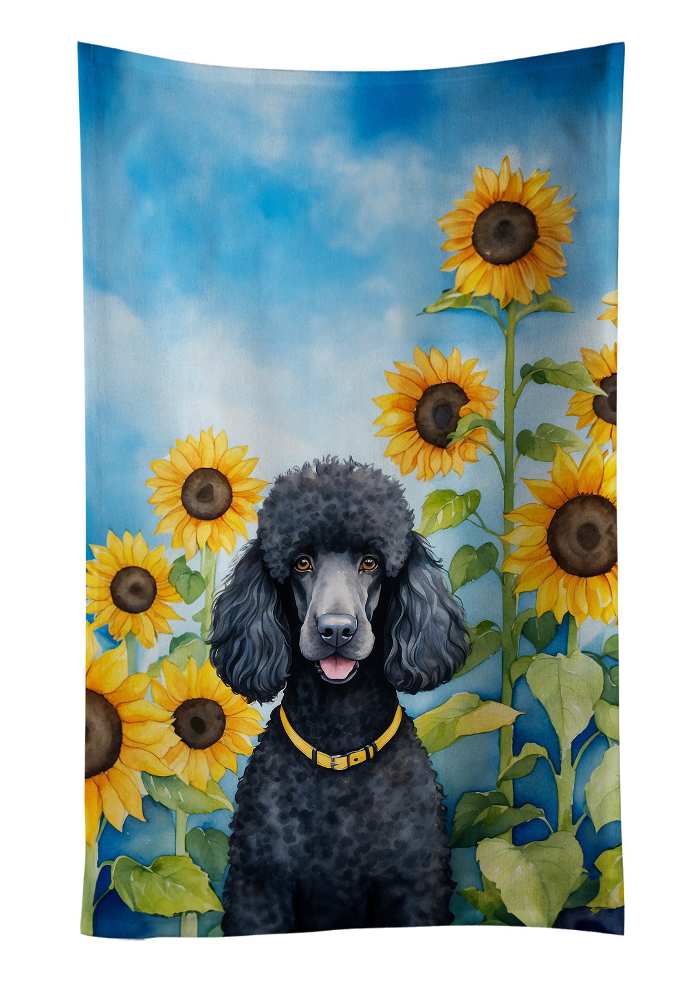 Black Poodle in Sunflowers Kitchen Towel Velour Plush Front and Cotton Loop Back Machine Washable