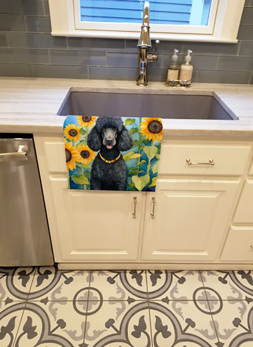 Black Poodle in Sunflowers Kitchen Towel Velour Plush Front and Cotton Loop Back Machine Washable