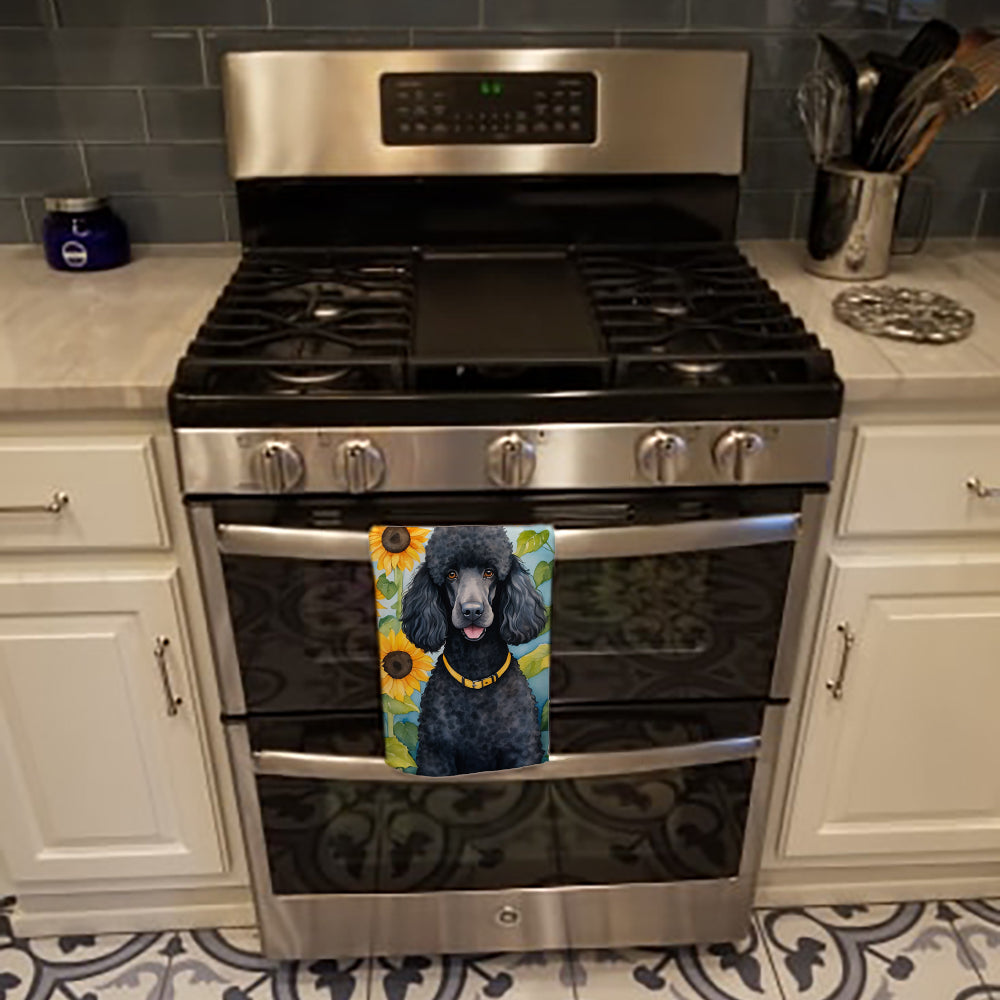Black Poodle in Sunflowers Kitchen Towel Velour Plush Front and Cotton Loop Back Machine Washable