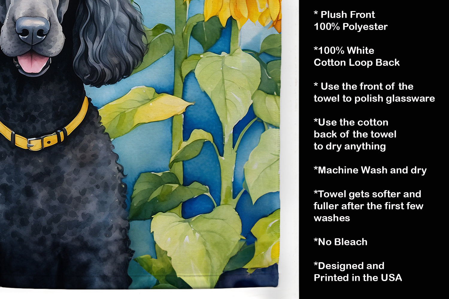 Black Poodle in Sunflowers Kitchen Towel Velour Plush Front and Cotton Loop Back Machine Washable