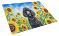 Black Poodle in Sunflowers Cutting Board Tempered Glass Kitchen Cutting Surface, Heat Resistant Chopping Board with Non-Slip Feet, Decorative Food Prep & Serving