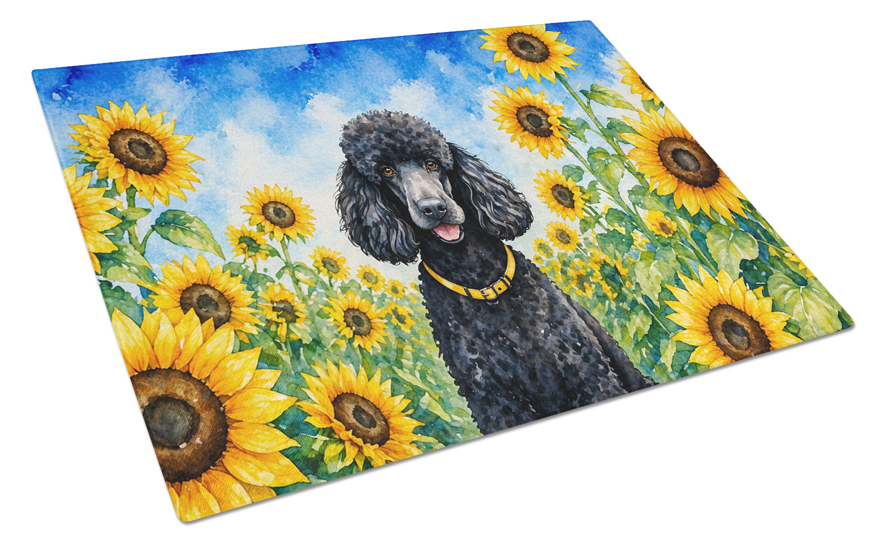 Black Poodle in Sunflowers Cutting Board Tempered Glass Kitchen Cutting Surface, Heat Resistant Chopping Board with Non-Slip Feet, Decorative Food Prep & Serving