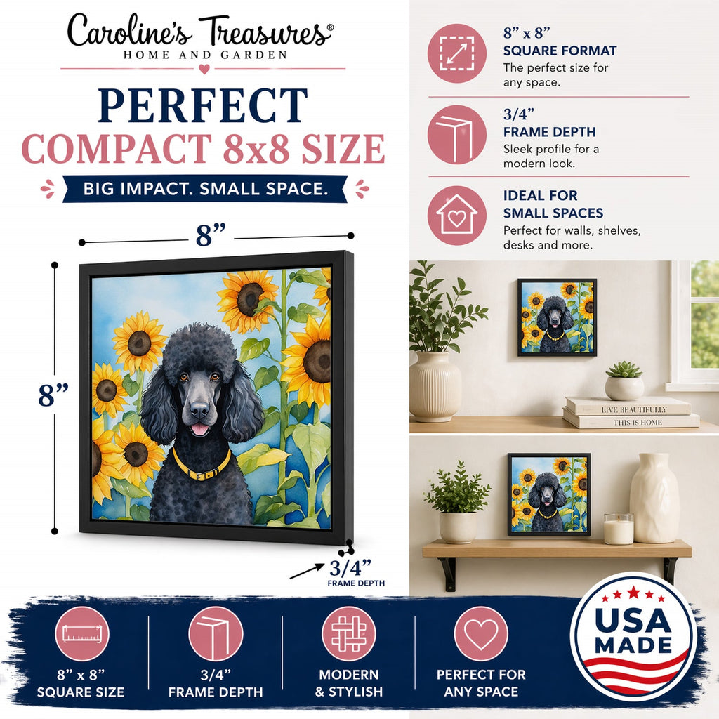Black Poodle in Sunflowers Framed Metal Print Bathroom, Kitchen, Office, Home Decor Wall Art Ready to Hang, Square, 8X8