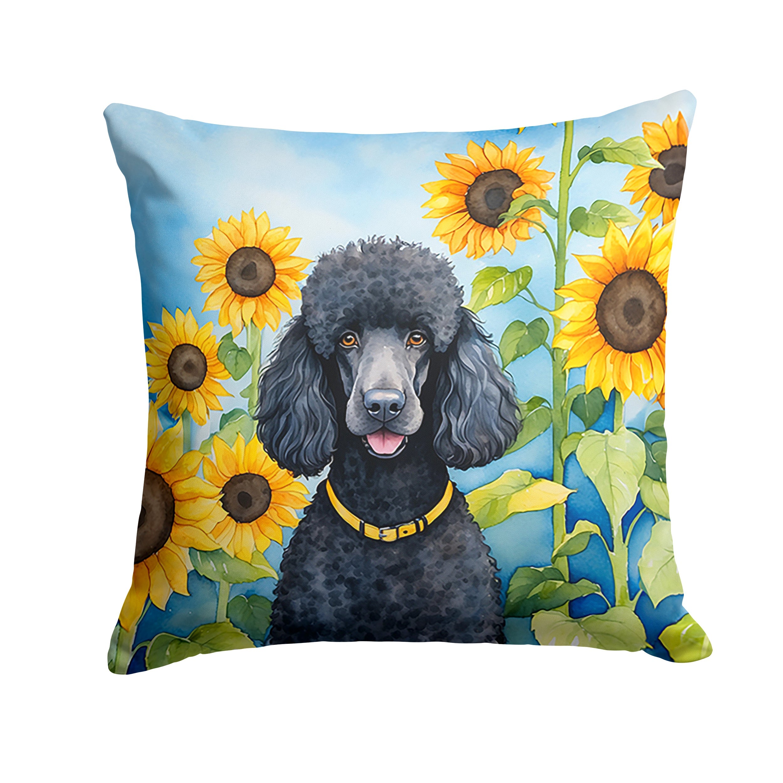 Black Poodle in Sunflowers Decorative Throw Pillow 14x14 Indoor Outdoor Accent Cushion, Fabric Cover with Insert for Sofa, Bed, Porch & Living Room