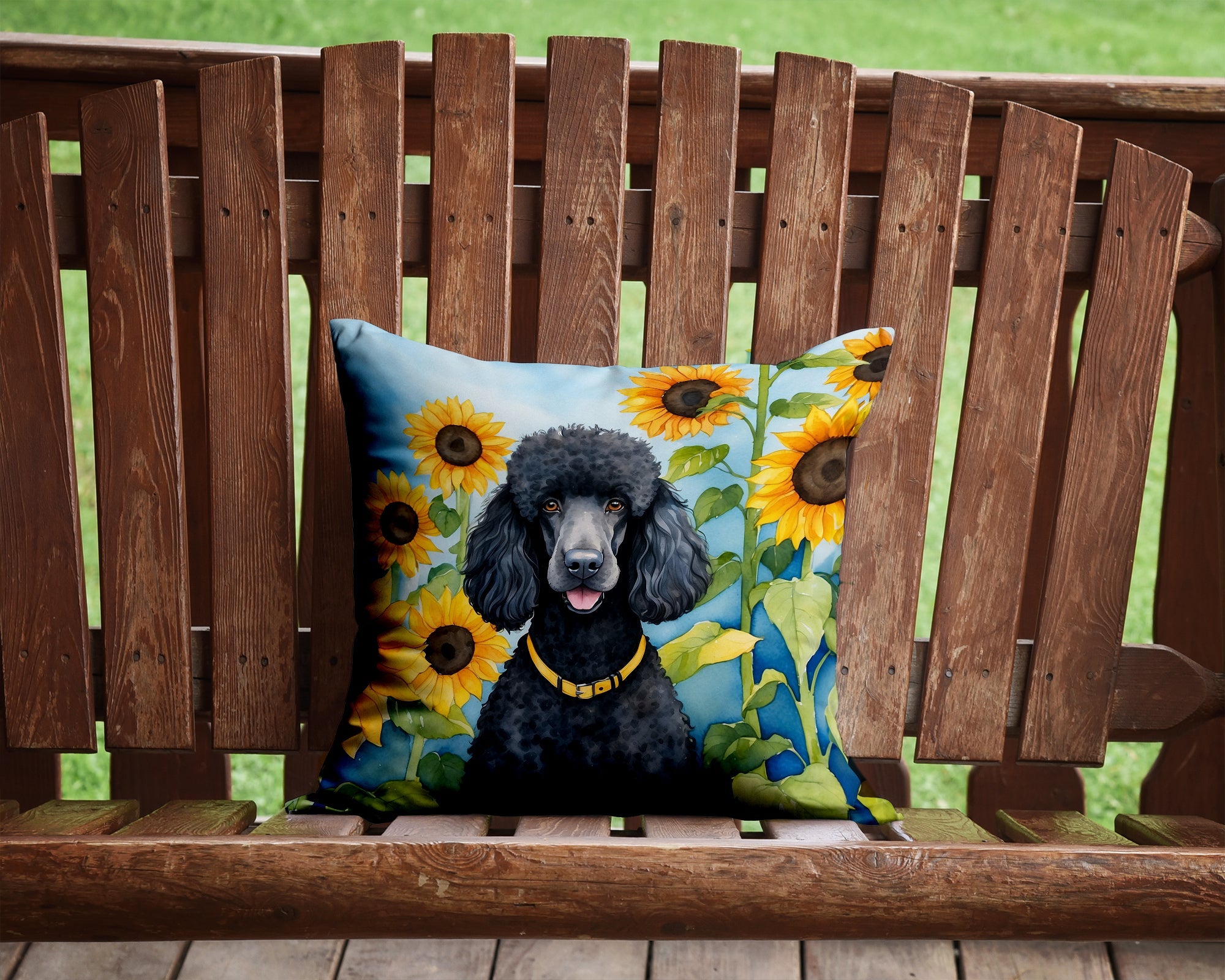 Black Poodle in Sunflowers Decorative Throw Pillow 14x14 Indoor Outdoor Accent Cushion, Fabric Cover with Insert for Sofa, Bed, Porch & Living Room