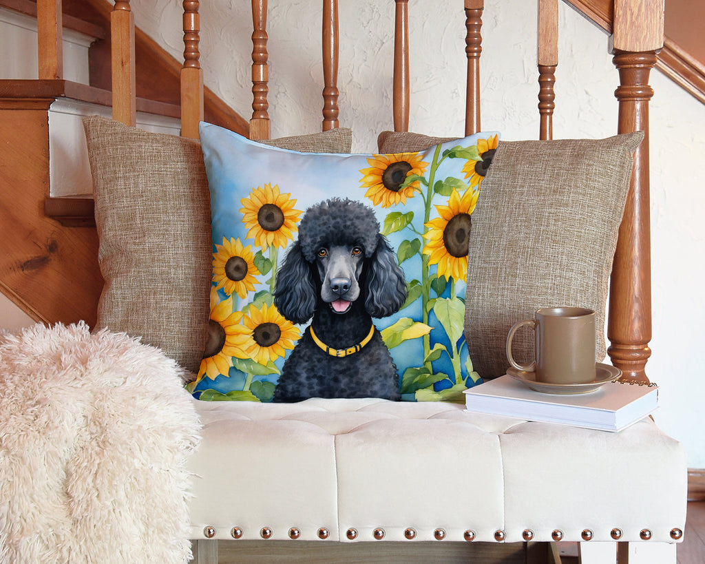 Black Poodle in Sunflowers Decorative Throw Pillow 14x14 Indoor Outdoor Accent Cushion, Fabric Cover with Insert for Sofa, Bed, Porch & Living Room