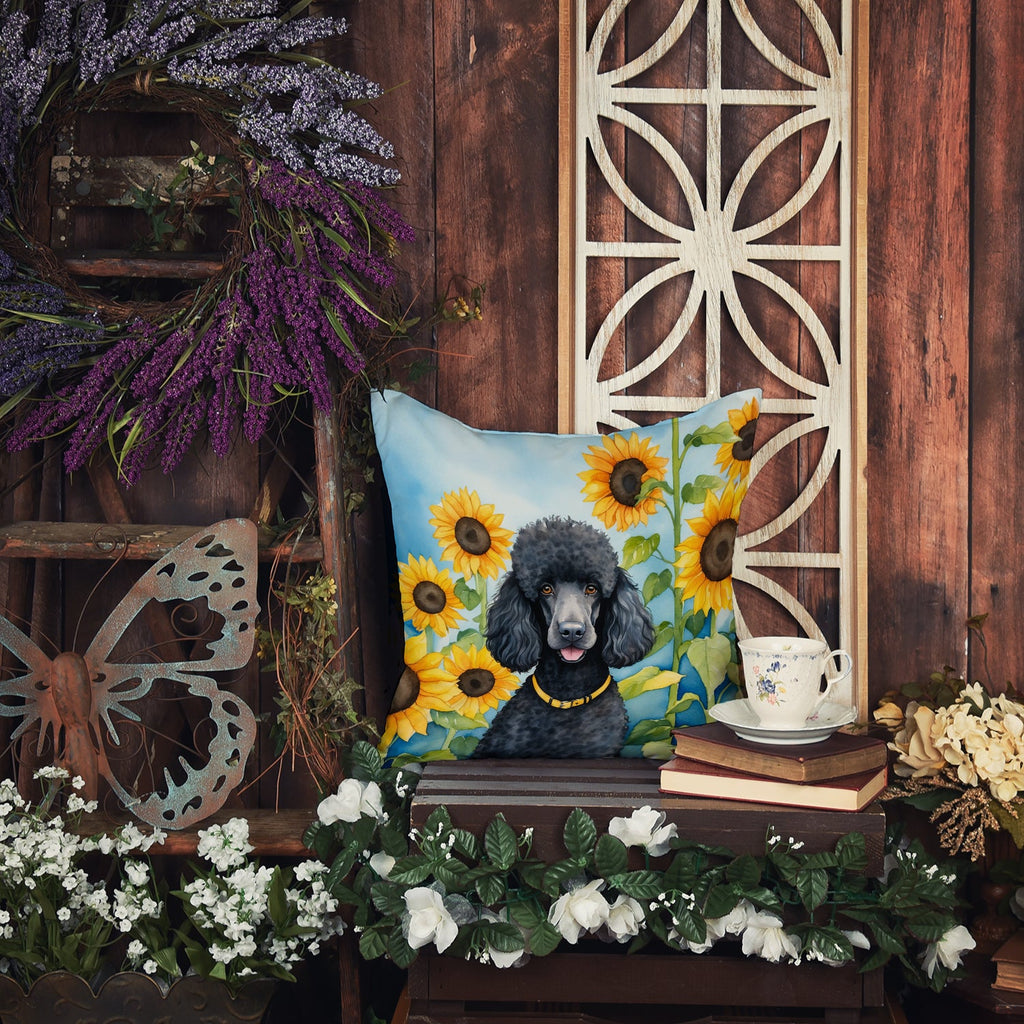 Black Poodle in Sunflowers Decorative Throw Pillow 14x14 Indoor Outdoor Accent Cushion, Fabric Cover with Insert for Sofa, Bed, Porch & Living Room
