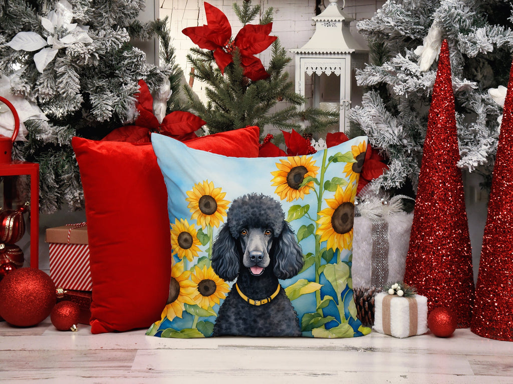 Black Poodle in Sunflowers Decorative Throw Pillow 14x14 Indoor Outdoor Accent Cushion, Fabric Cover with Insert for Sofa, Bed, Porch & Living Room