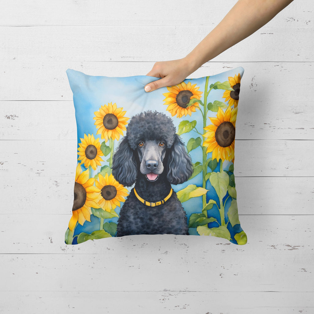 Black Poodle in Sunflowers Decorative Throw Pillow 18x18 Indoor Outdoor Accent Cushion, Fabric Cover with Insert for Sofa, Bed, Porch & Living Room