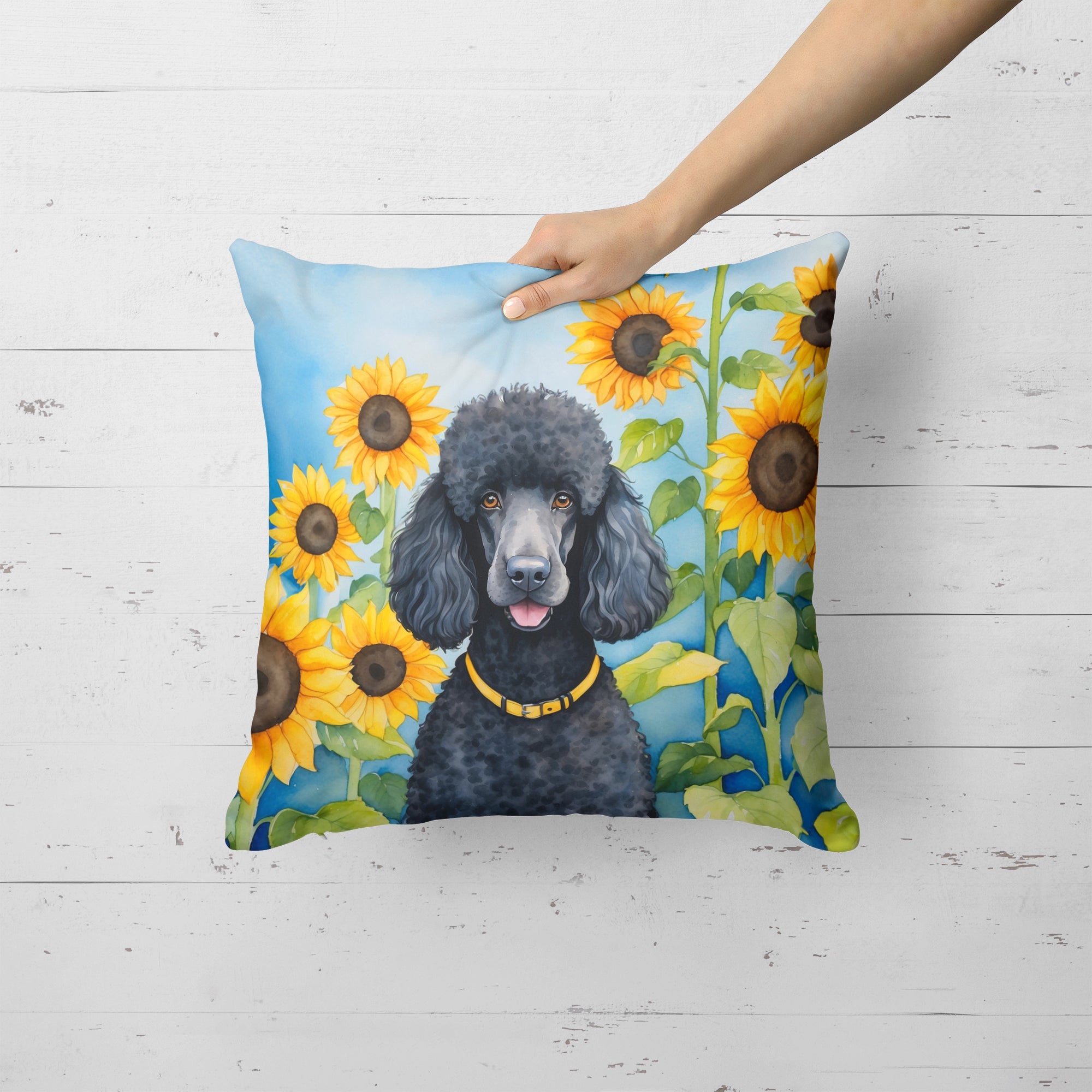 Black Poodle in Sunflowers Decorative Throw Pillow 18x18 Indoor Outdoor Accent Cushion, Fabric Cover with Insert for Sofa, Bed, Porch & Living Room