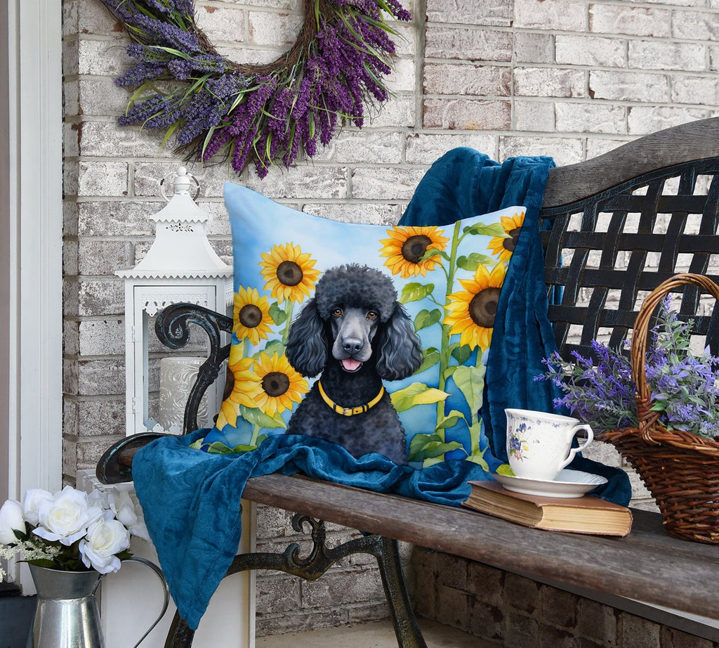 Black Poodle in Sunflowers Decorative Throw Pillow 18x18 Indoor Outdoor Accent Cushion, Fabric Cover with Insert for Sofa, Bed, Porch & Living Room