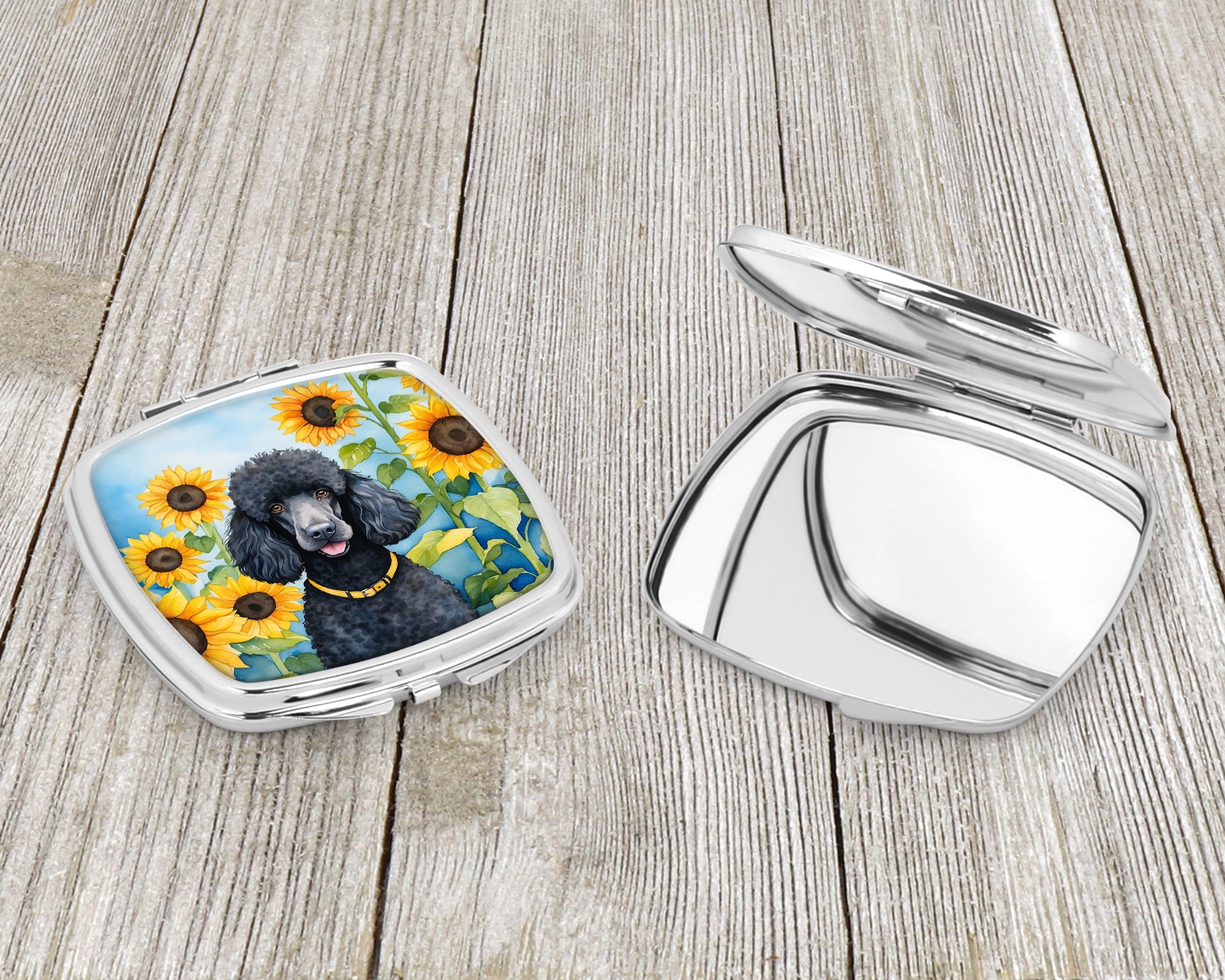 Black Poodle in Sunflowers Compact Mirror Decorative Travel Makeup Mirror for Women Girls Gifts Pocket Makeup Mirror Folding Handheld