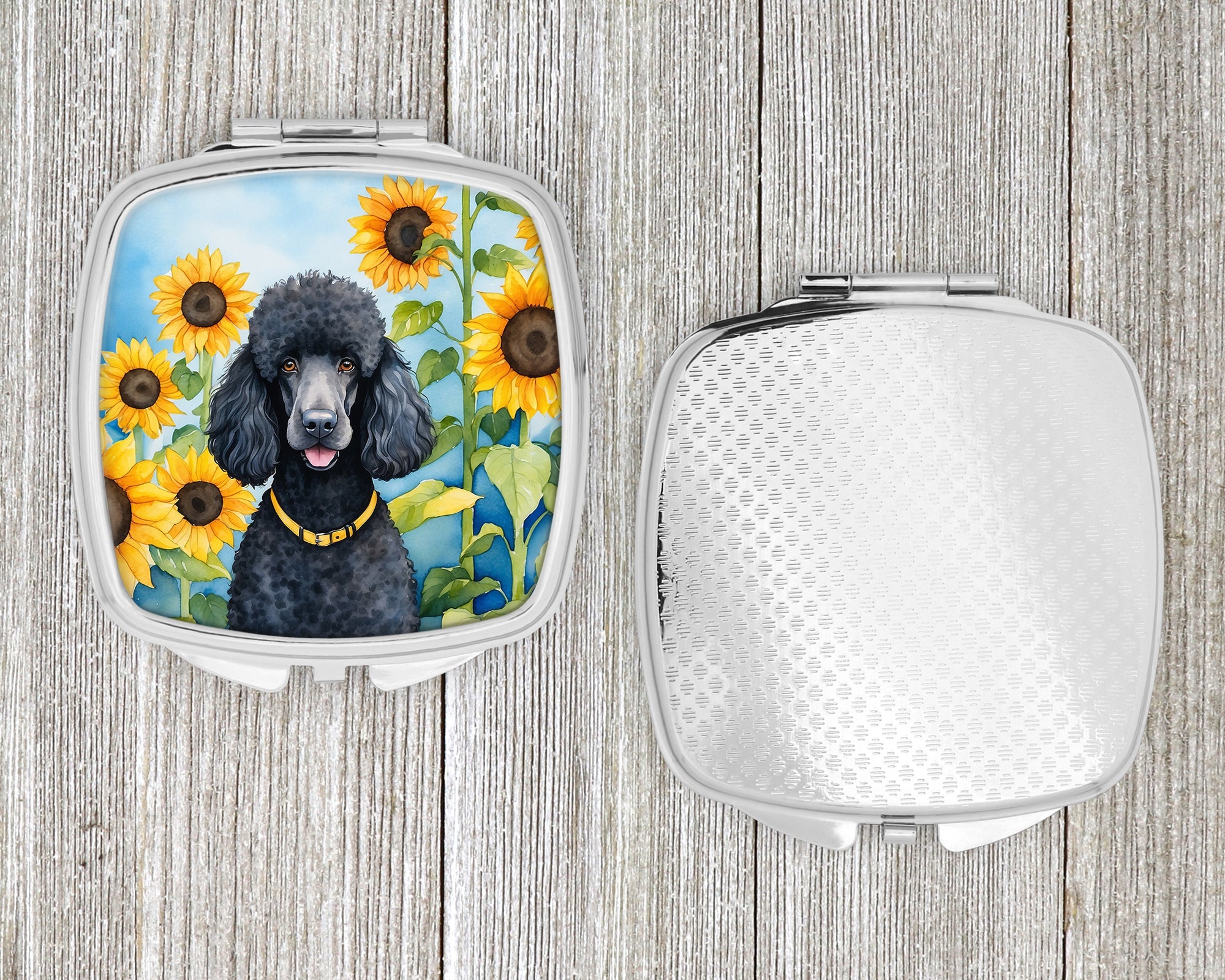Black Poodle in Sunflowers Compact Mirror Decorative Travel Makeup Mirror for Women Girls Gifts Pocket Makeup Mirror Folding Handheld