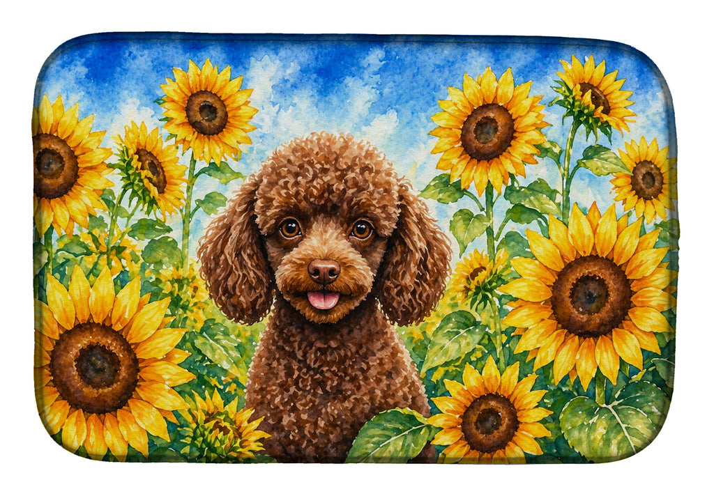 Chocolate Poodle in Sunflowers Dish Drying Mat Absorbent Dish Drying Mat Pad for Kitchen Counter Dish Drainer Mat for Countertop, 14 x 21", Multicolor