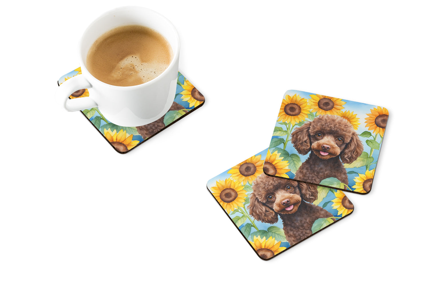 Chocolate Poodle in Sunflowers Foam Coasters Set of 4 Cup Coasters for Indoor Outdoor, Tabletop Protection, Anti Slip, Mouse pad Material