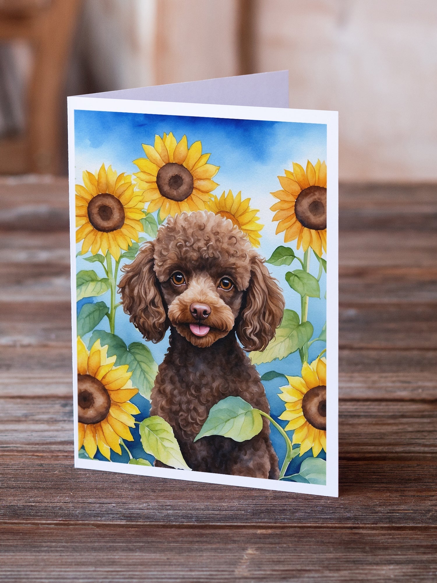 Chocolate Poodle in Sunflowers Greeting Cards Pack of 8 Blank Cards with Envelopes Whimsical A7 Size 5x7