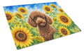 Chocolate Poodle in Sunflowers Cutting Board Tempered Glass Kitchen Cutting Surface, Heat Resistant Chopping Board with Non-Slip Feet, Decorative Food Prep & Serving