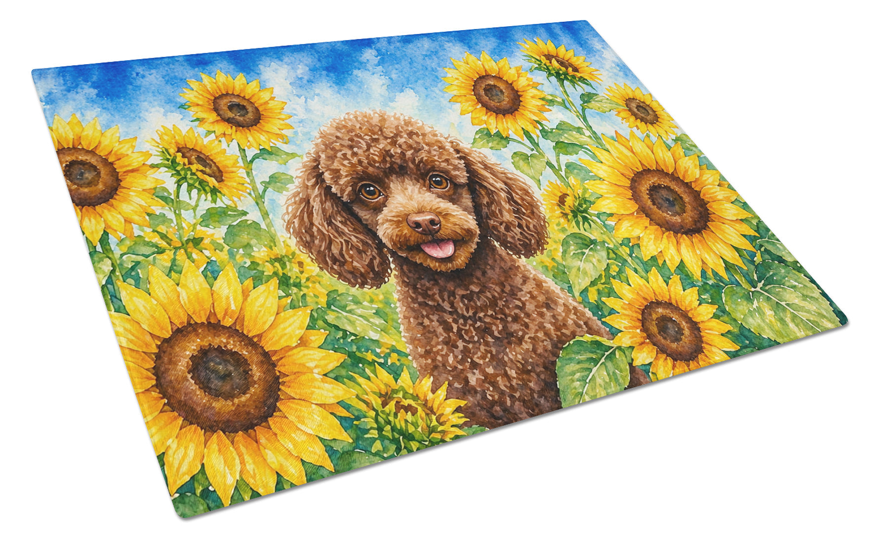 Chocolate Poodle in Sunflowers Cutting Board Tempered Glass Kitchen Cutting Surface, Heat Resistant Chopping Board with Non-Slip Feet, Decorative Food Prep & Serving