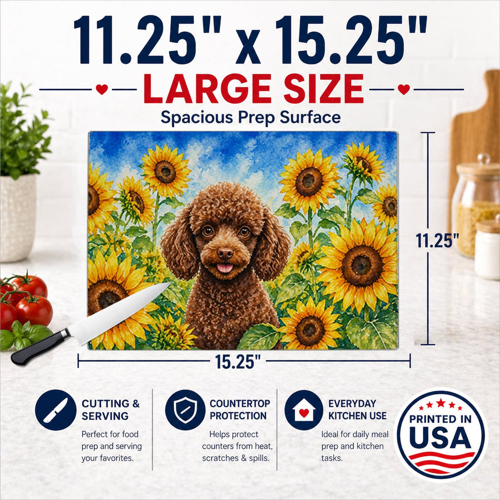 Chocolate Poodle in Sunflowers Cutting Board Tempered Glass Kitchen Cutting Surface, Heat Resistant Chopping Board with Non-Slip Feet, Decorative Food Prep & Serving