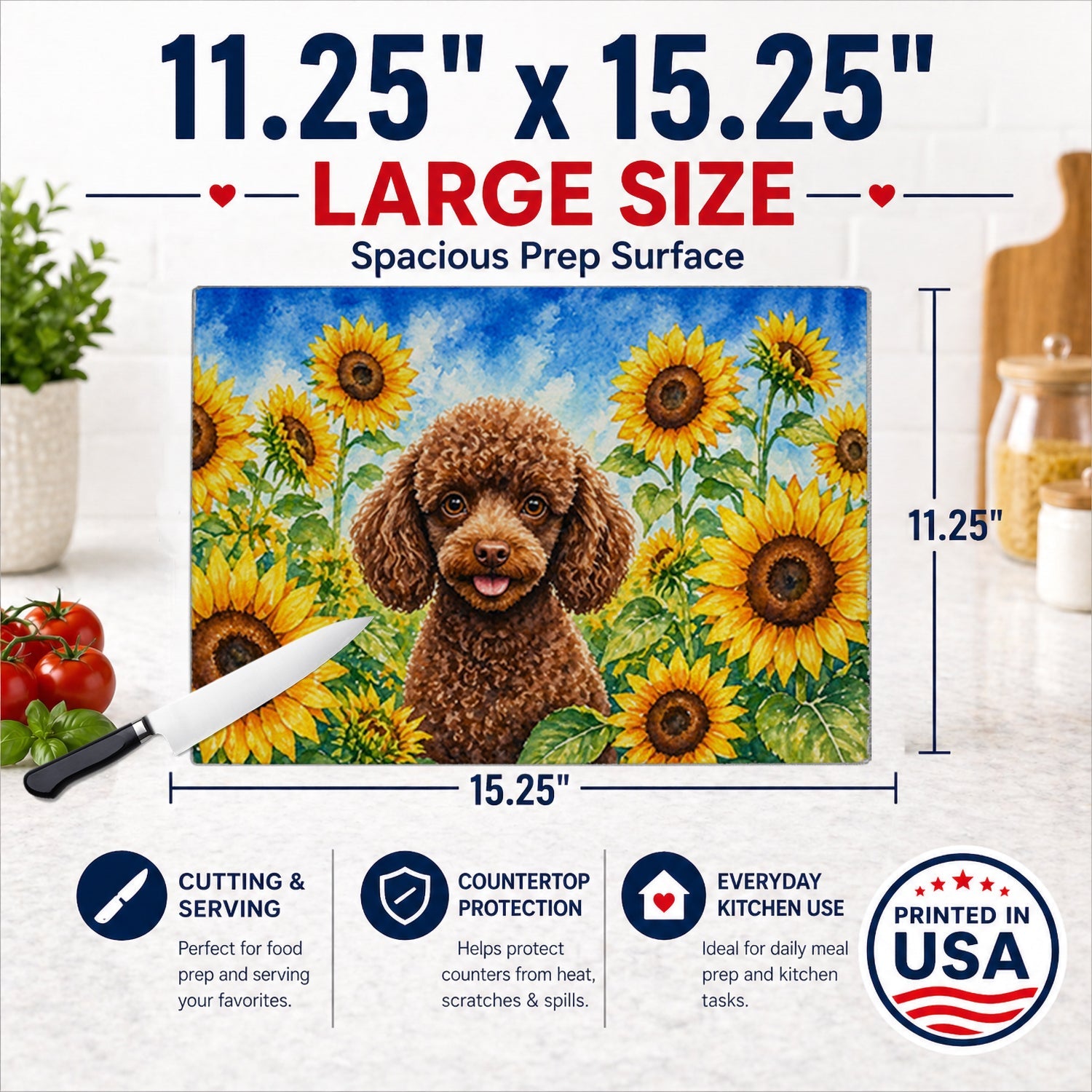 Chocolate Poodle in Sunflowers Cutting Board Tempered Glass Kitchen Cutting Surface, Heat Resistant Chopping Board with Non-Slip Feet, Decorative Food Prep & Serving