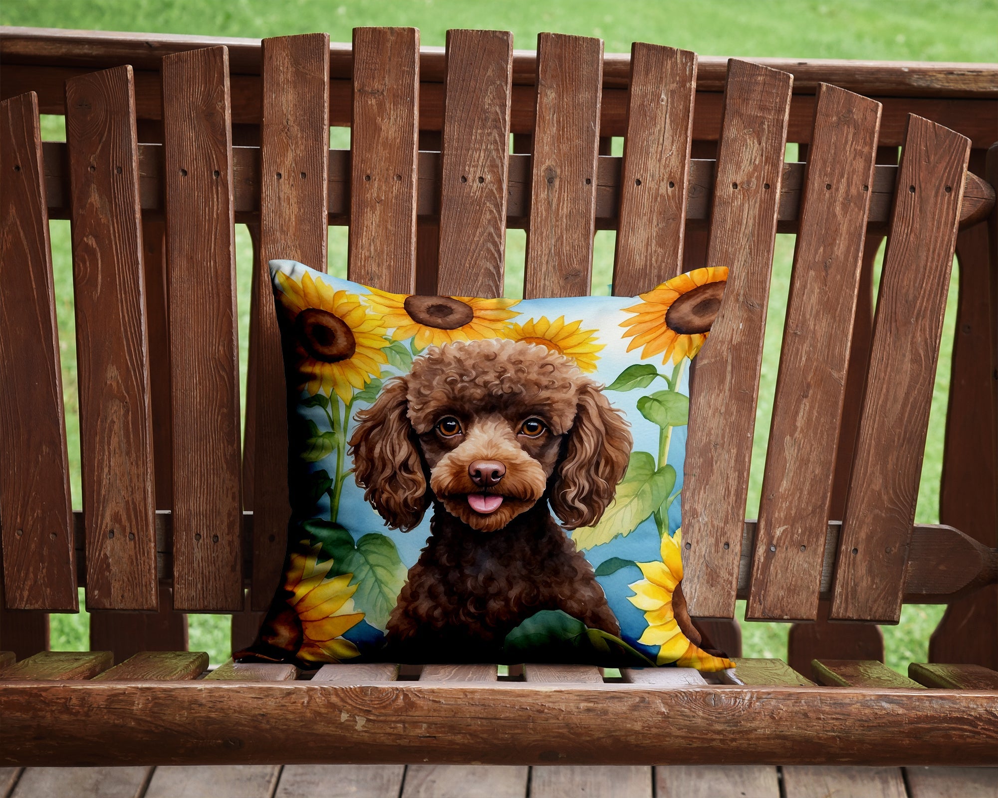 Chocolate Poodle in Sunflowers Decorative Throw Pillow 14x14 Indoor Outdoor Accent Cushion, Fabric Cover with Insert for Sofa, Bed, Porch & Living Room