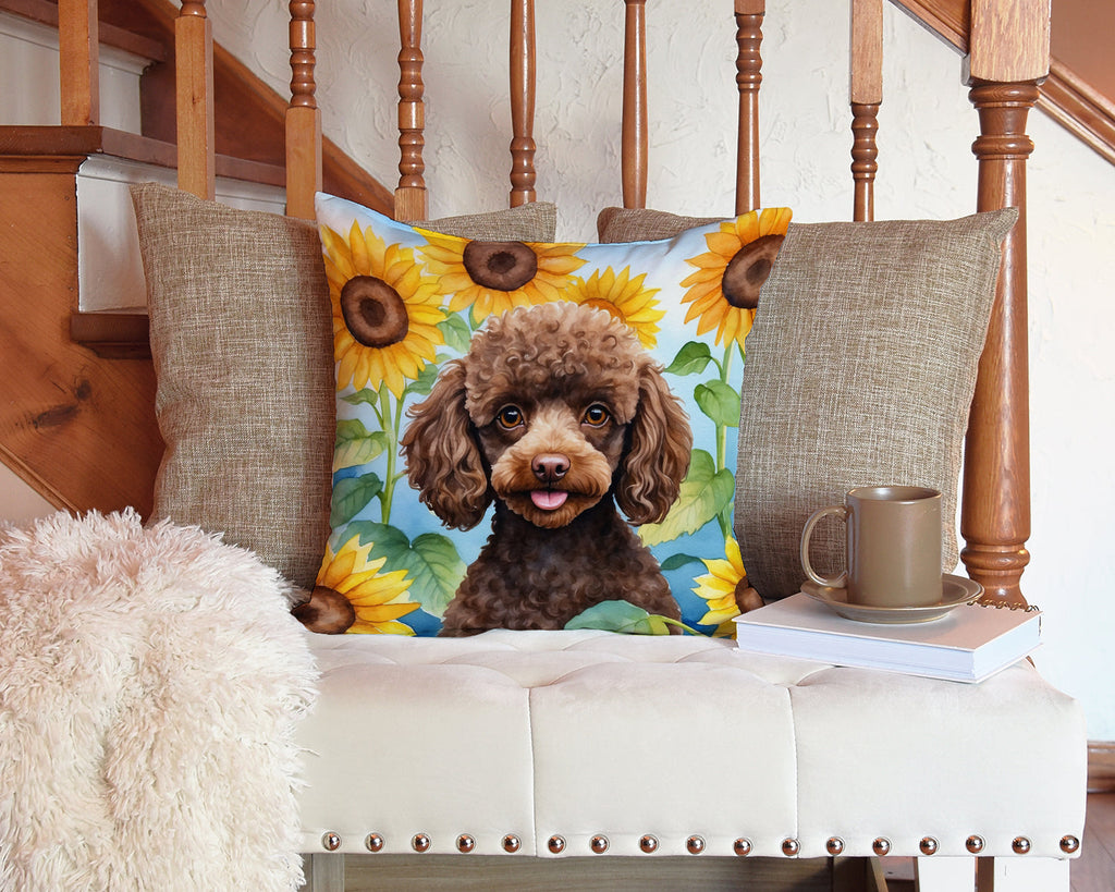 Chocolate Poodle in Sunflowers Decorative Throw Pillow 14x14 Indoor Outdoor Accent Cushion, Fabric Cover with Insert for Sofa, Bed, Porch & Living Room
