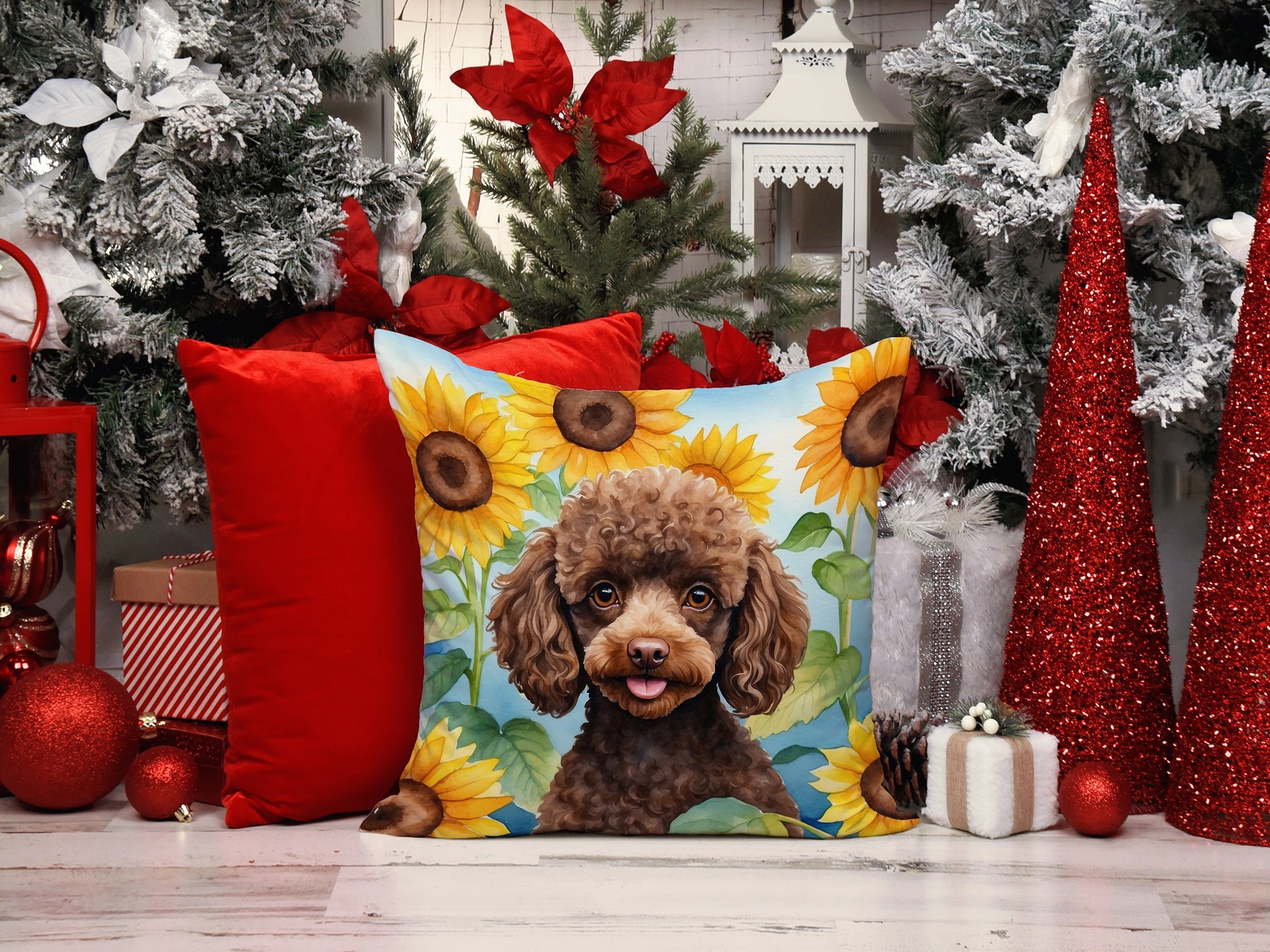 Chocolate Poodle in Sunflowers Decorative Throw Pillow 14x14 Indoor Outdoor Accent Cushion, Fabric Cover with Insert for Sofa, Bed, Porch & Living Room