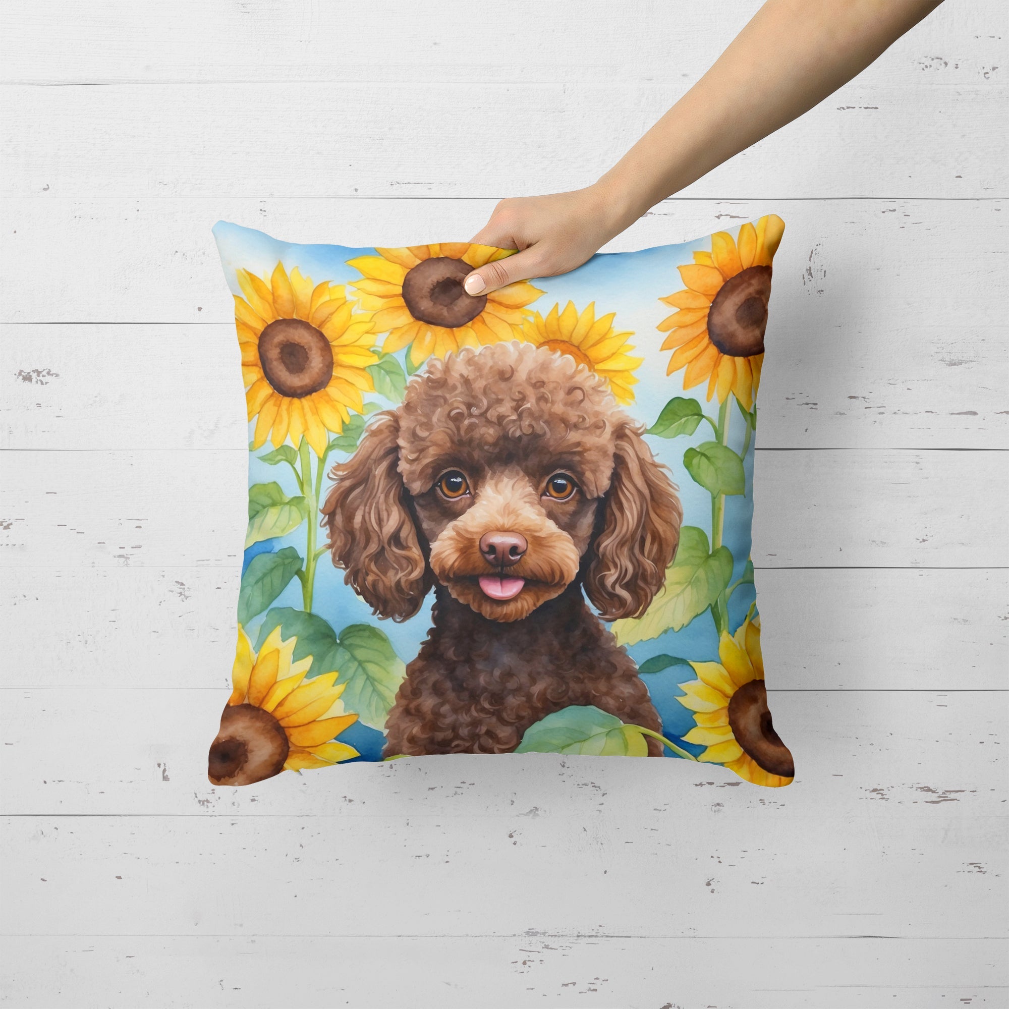 Chocolate Poodle in Sunflowers Decorative Throw Pillow 18x18 Indoor Outdoor Accent Cushion, Fabric Cover with Insert for Sofa, Bed, Porch & Living Room