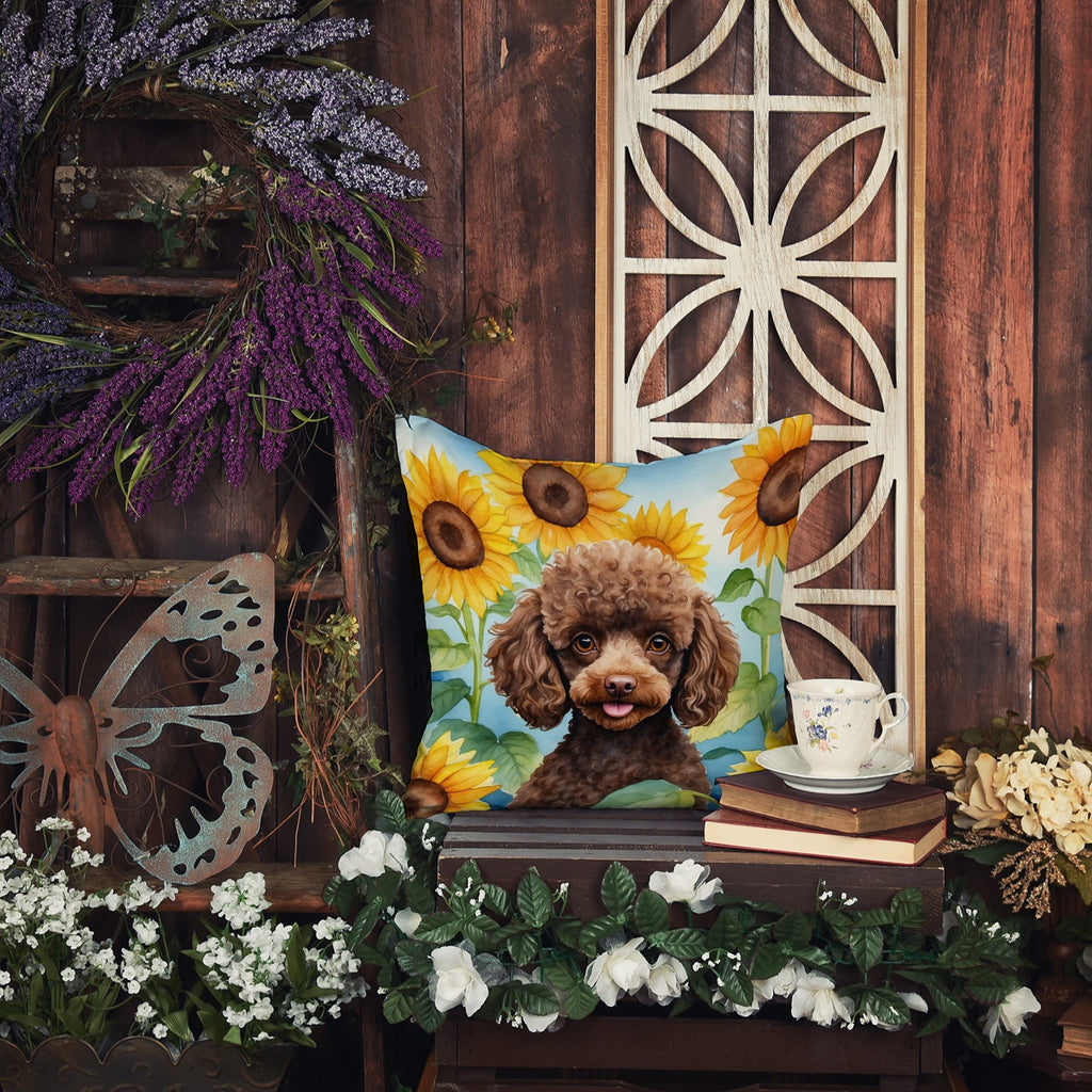 Chocolate Poodle in Sunflowers Decorative Throw Pillow 18x18 Indoor Outdoor Accent Cushion, Fabric Cover with Insert for Sofa, Bed, Porch & Living Room