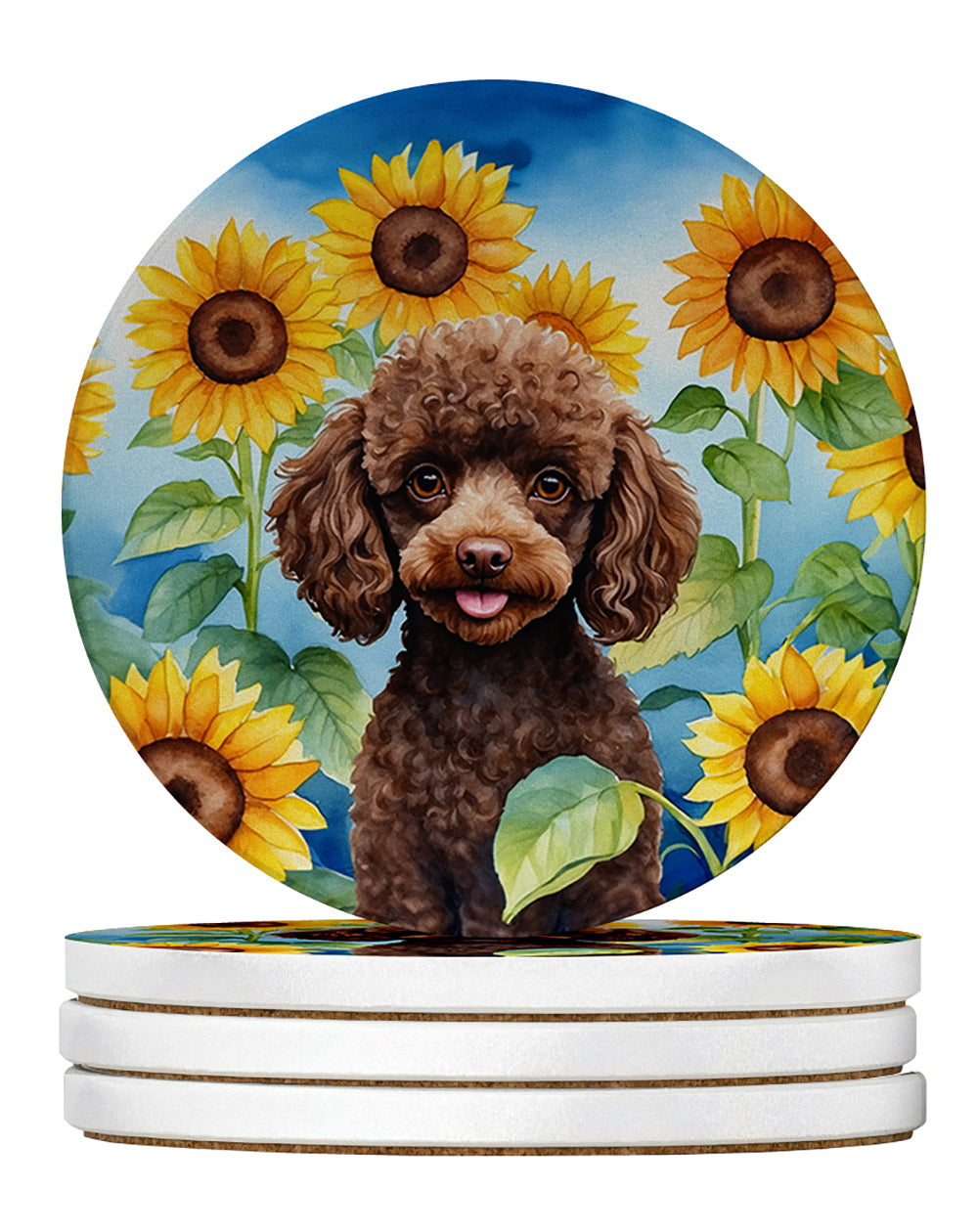 Chocolate Poodle in Sunflowers Large Sandstone Coasters Pack of 4 Absorbent Round Coasters Decor Gifts for Men or Women, 4 in, Multicolor