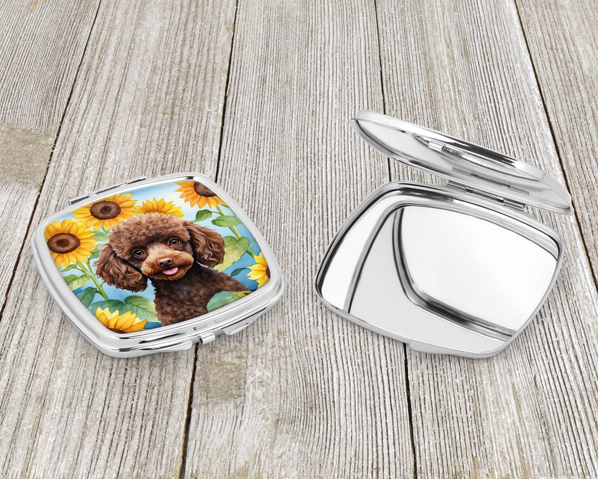 Chocolate Poodle in Sunflowers Compact Mirror Decorative Travel Makeup Mirror for Women Girls Gifts Pocket Makeup Mirror Folding Handheld