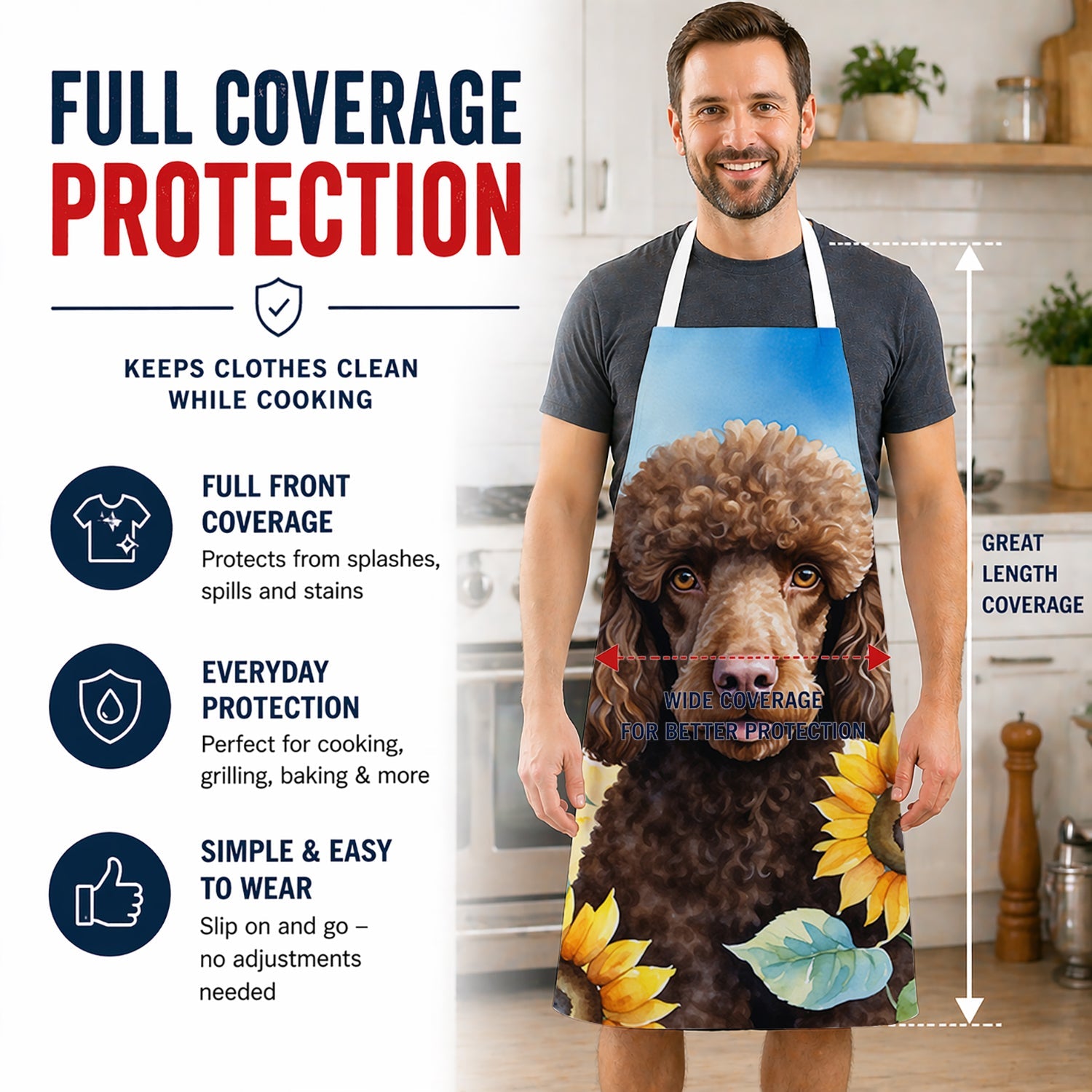Chocolate Poodle in Sunflowers Apron Cooking Kitchen Server Baking Crafts Gardening for Adult Women Men, Unisex, Large, Multicolor