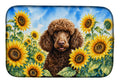 Chocolate Poodle in Sunflowers Dish Drying Mat Absorbent Dish Drying Mat Pad for Kitchen Counter Dish Drainer Mat for Countertop, 14 x 21", Multicolor
