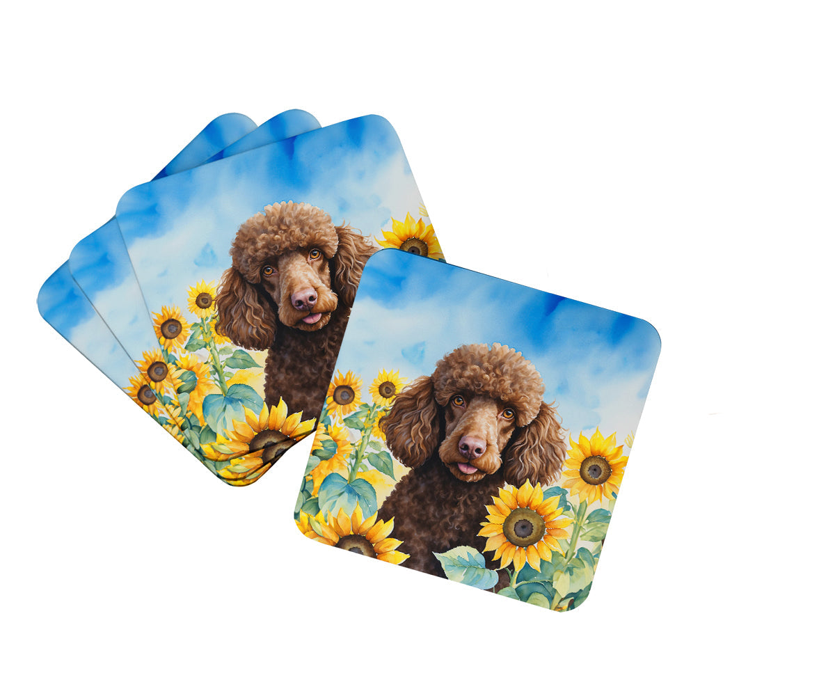 Chocolate Poodle in Sunflowers Foam Coasters Set of 4 Cup Coasters for Indoor Outdoor, Tabletop Protection, Anti Slip, Mouse pad Material