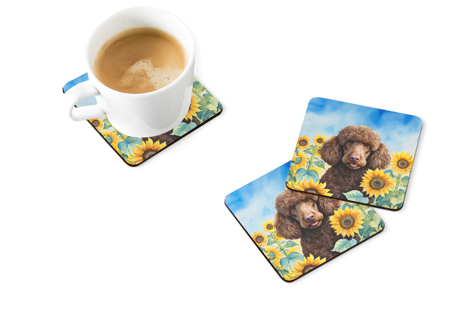 Chocolate Poodle in Sunflowers Foam Coasters Set of 4 Cup Coasters for Indoor Outdoor, Tabletop Protection, Anti Slip, Mouse pad Material