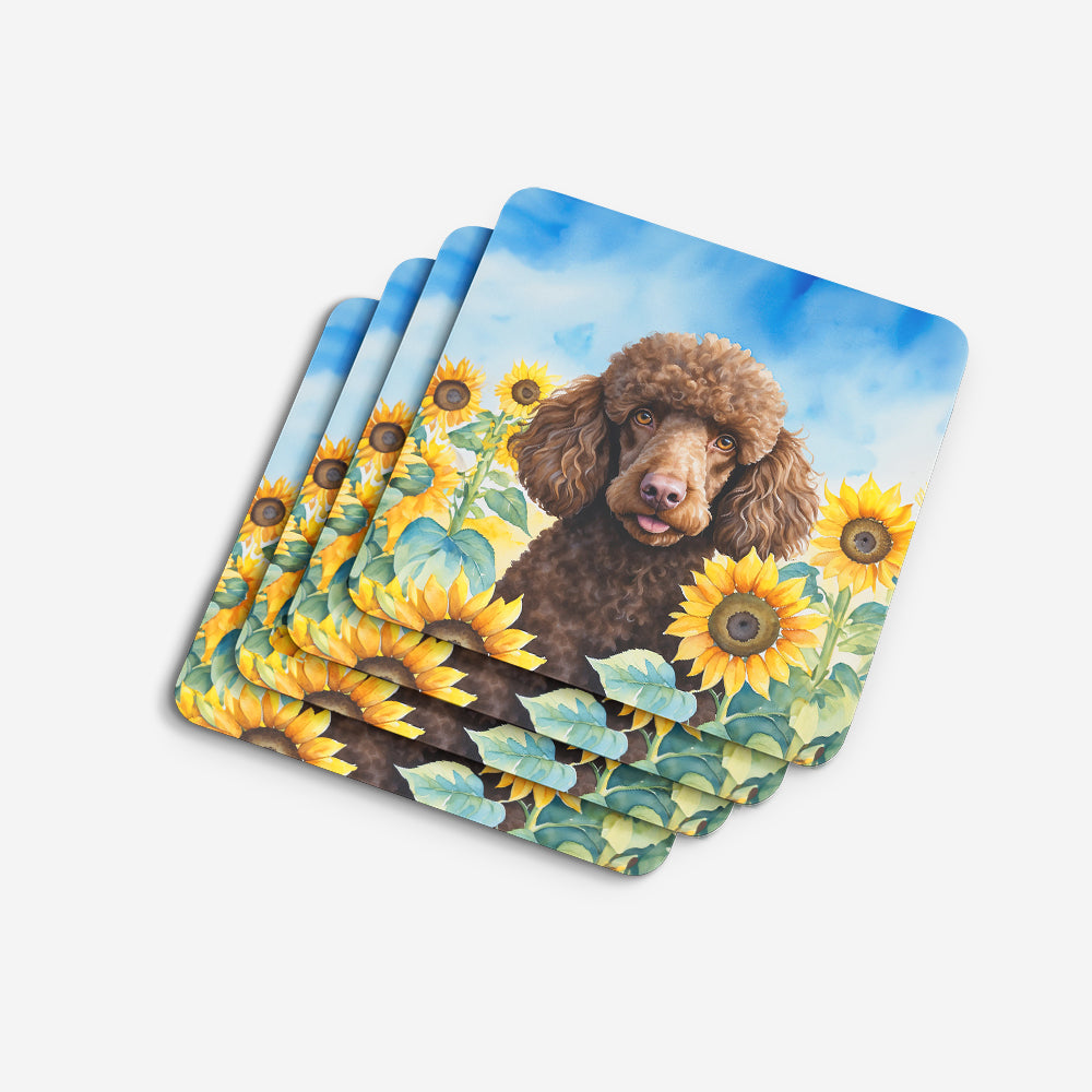 Chocolate Poodle in Sunflowers Foam Coasters Set of 4 Cup Coasters for Indoor Outdoor, Tabletop Protection, Anti Slip, Mouse pad Material