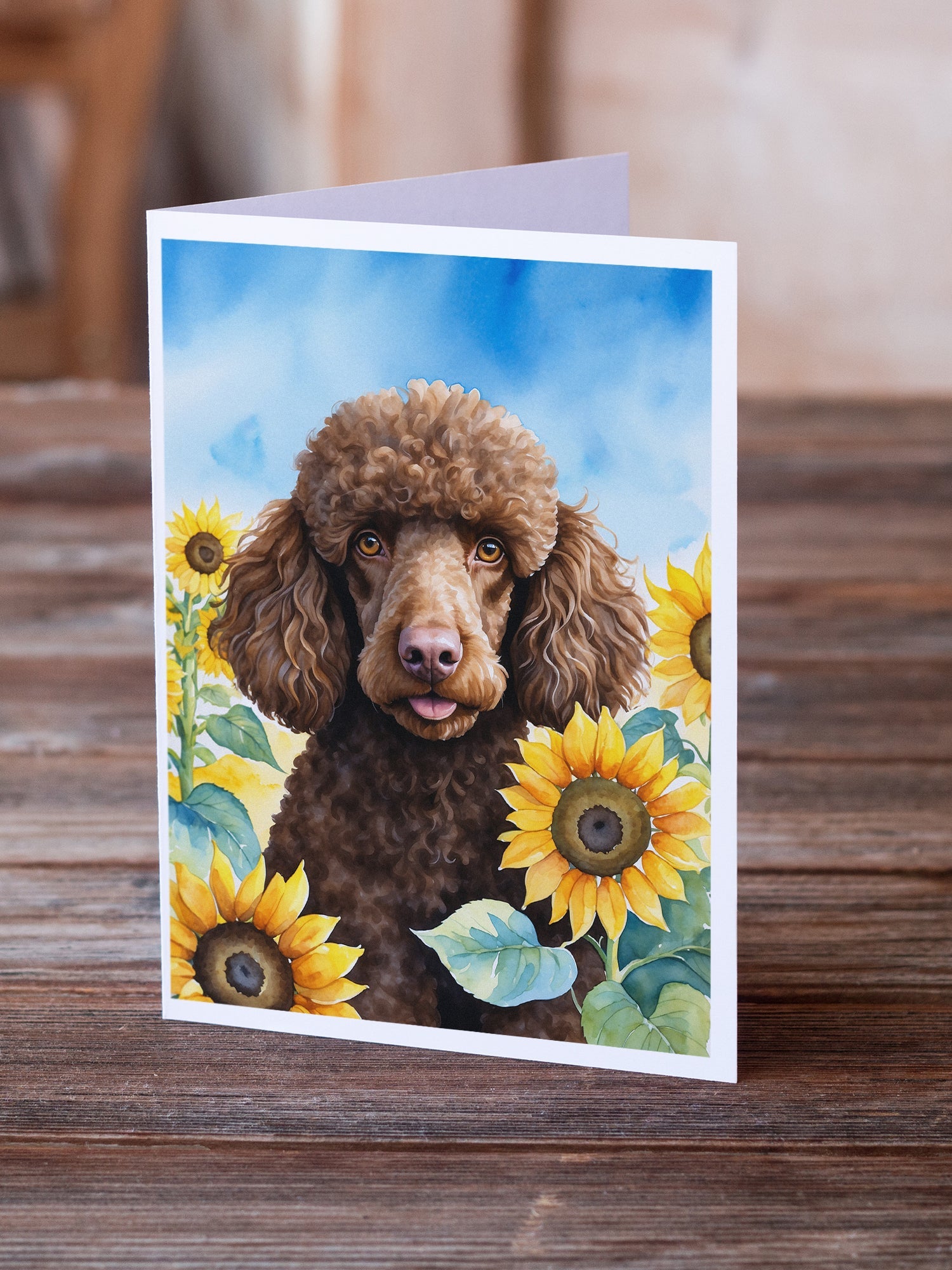 Chocolate Poodle in Sunflowers Greeting Cards Pack of 8 Blank Cards with Envelopes Whimsical A7 Size 5x7