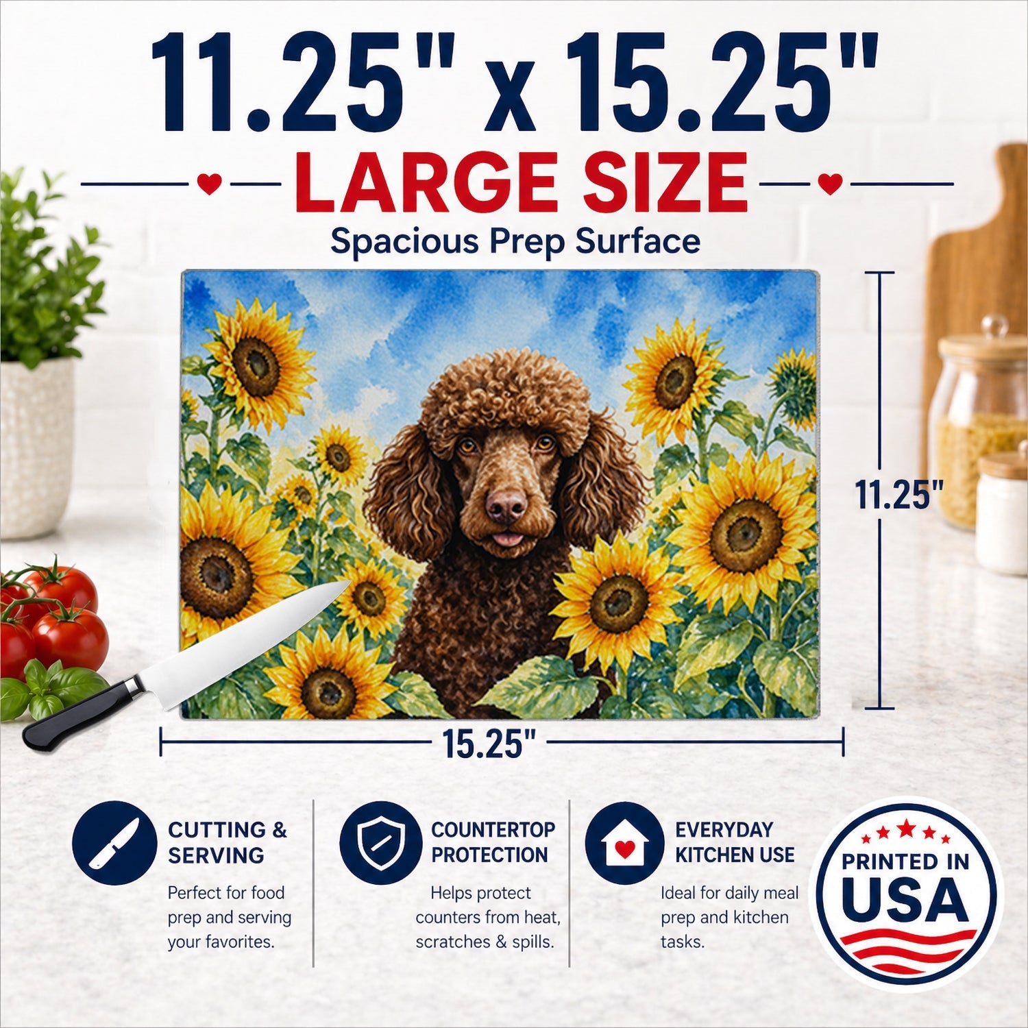 Chocolate Poodle in Sunflowers Cutting Board Tempered Glass Kitchen Cutting Surface, Heat Resistant Chopping Board with Non-Slip Feet, Decorative Food Prep & Serving