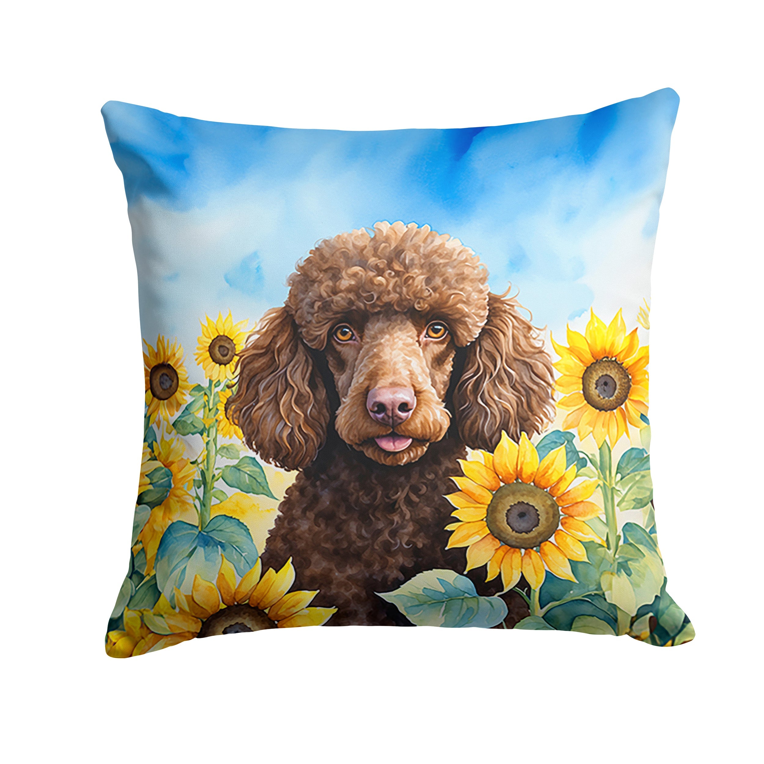 Chocolate Poodle in Sunflowers Decorative Throw Pillow 14x14 Indoor Outdoor Accent Cushion, Fabric Cover with Insert for Sofa, Bed, Porch & Living Room